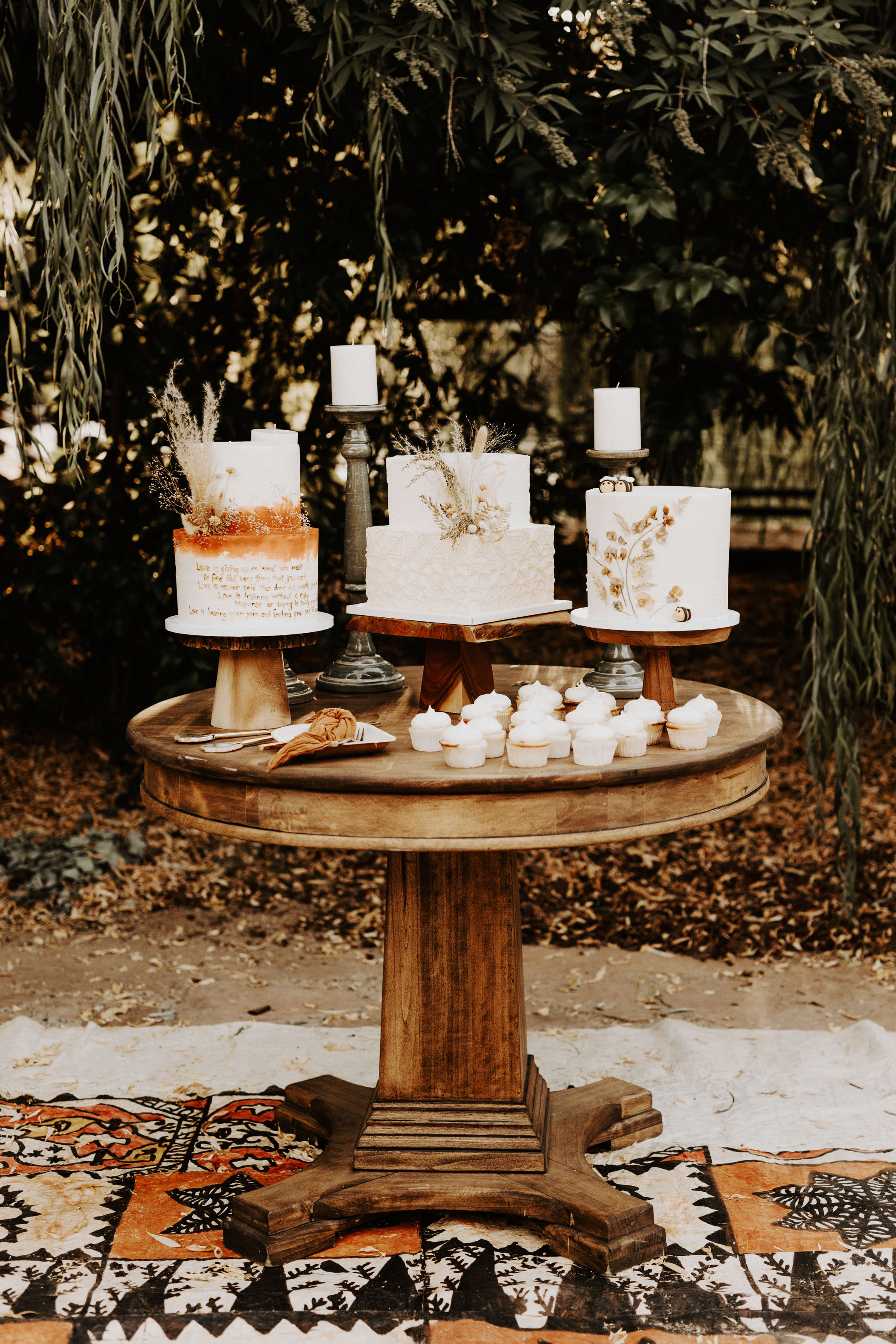 three wedding cake dessert table