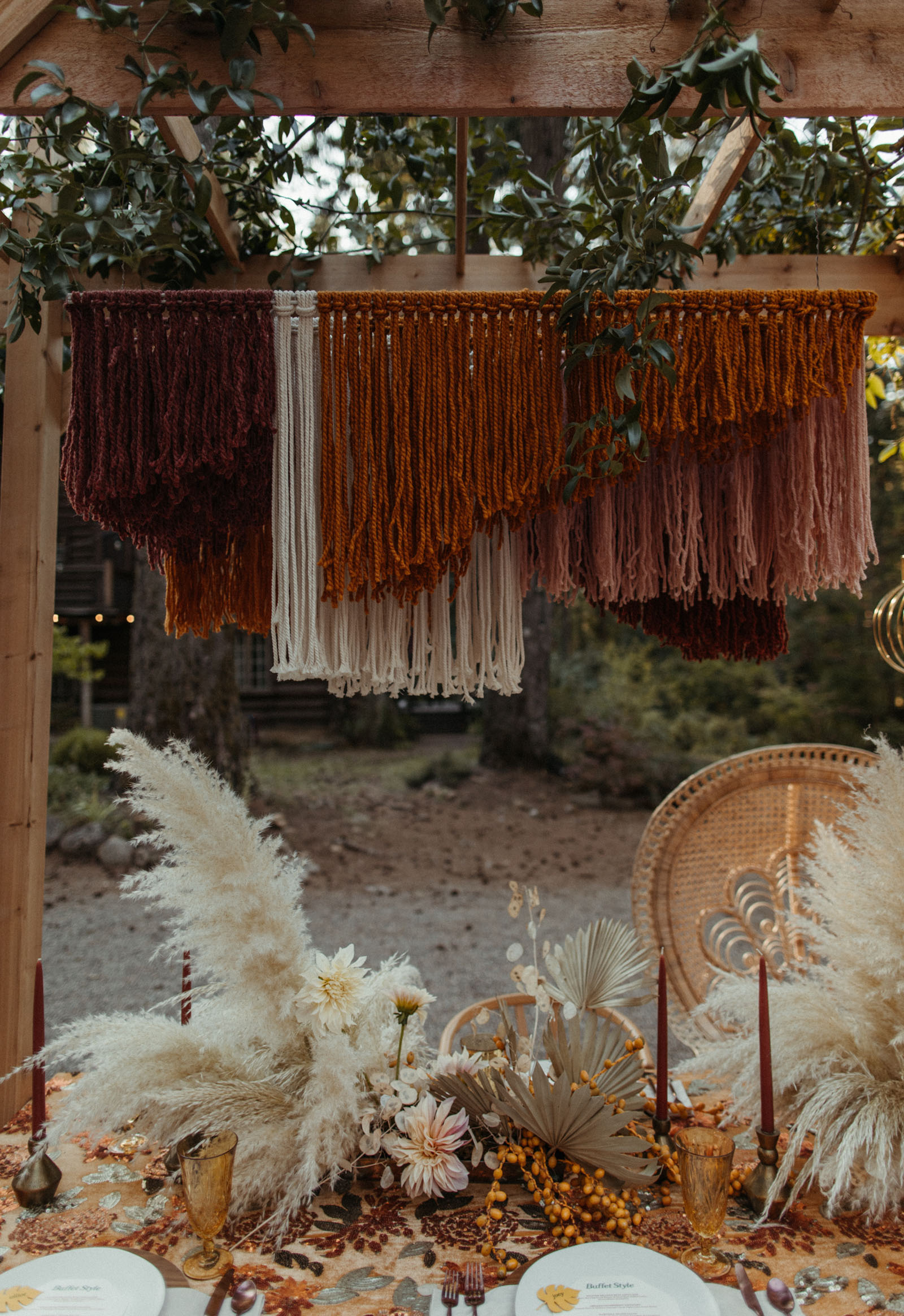 hanging yarn wedding installation