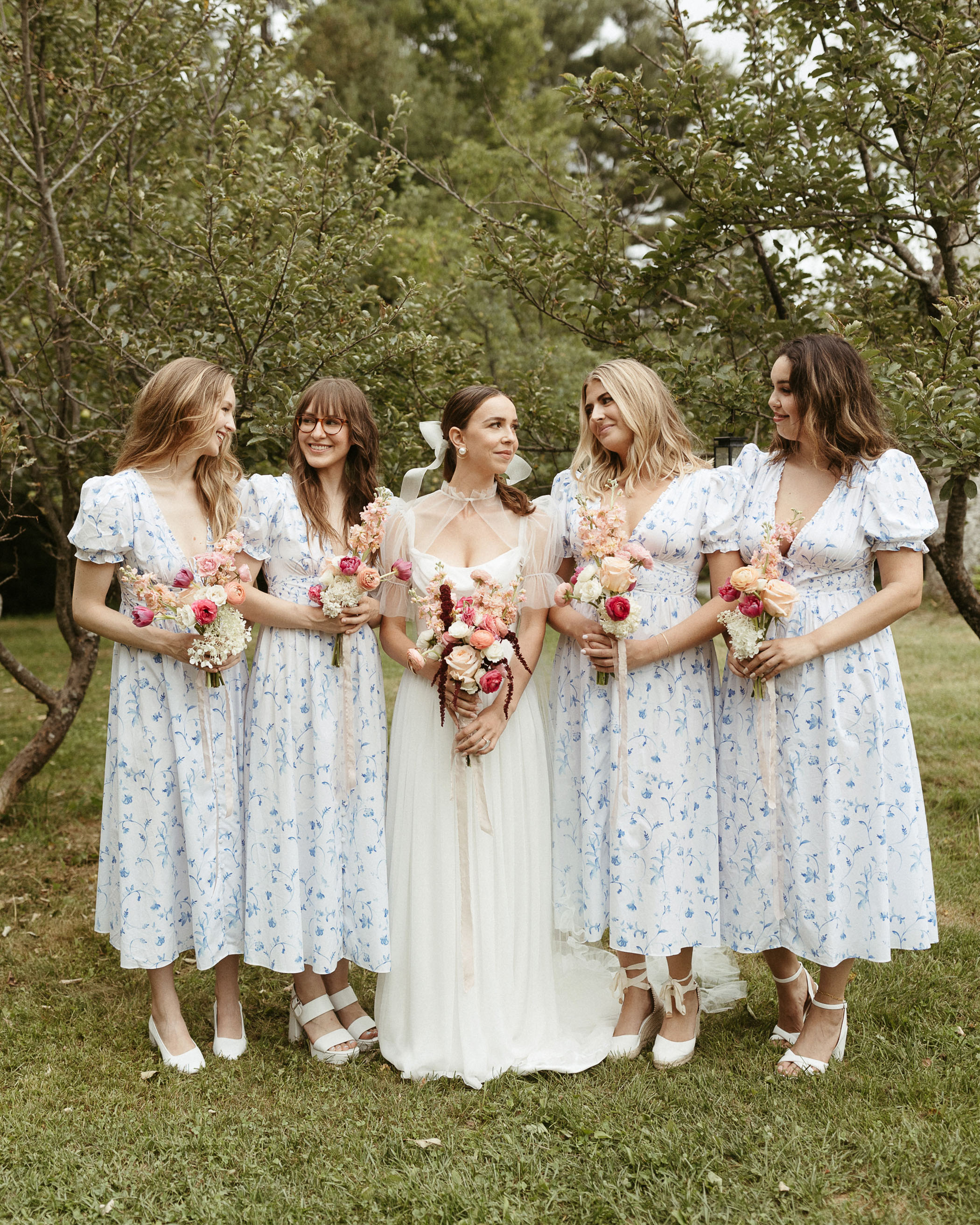 Blue and white floral bridesmaid dresses