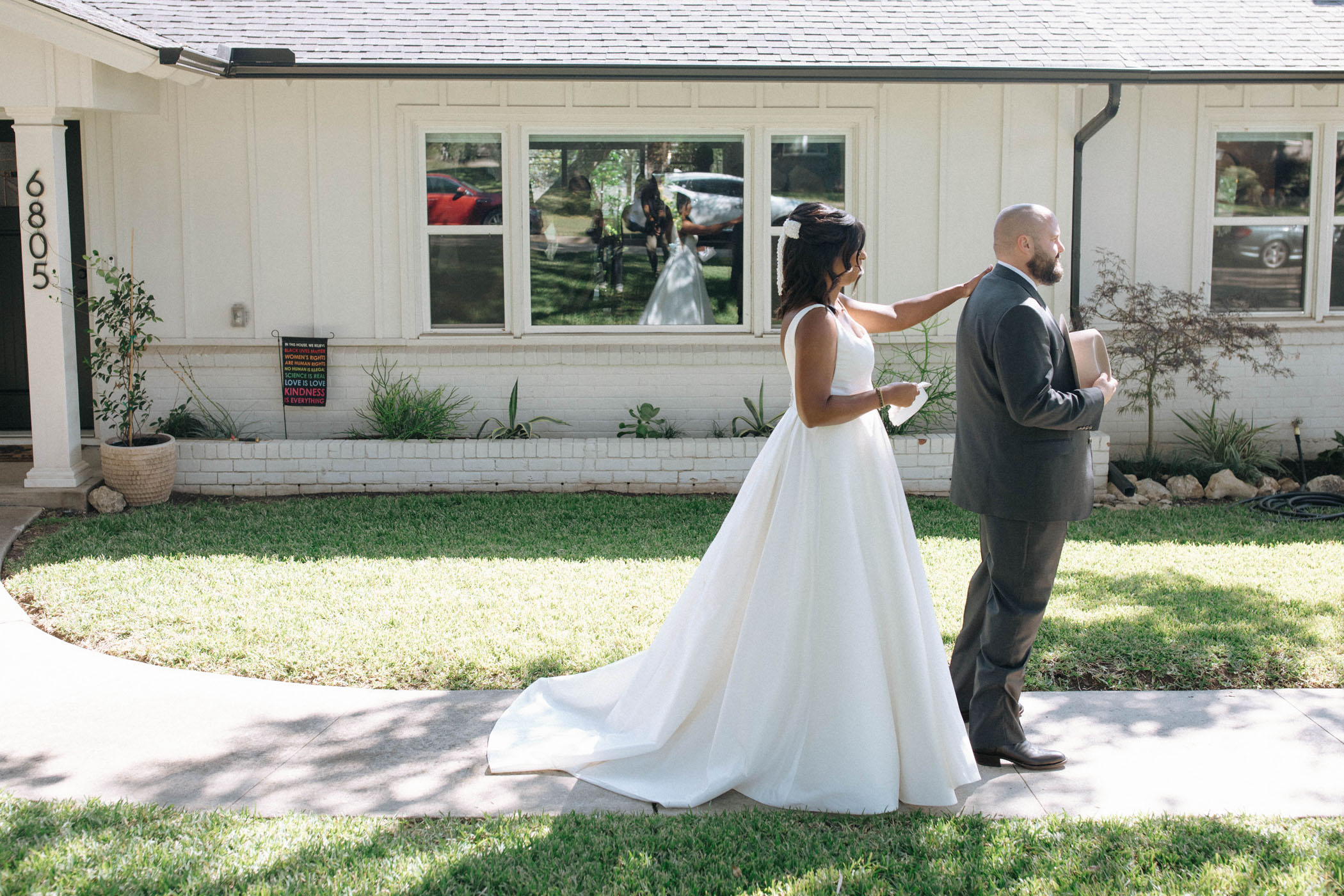 Backyard wedding first look