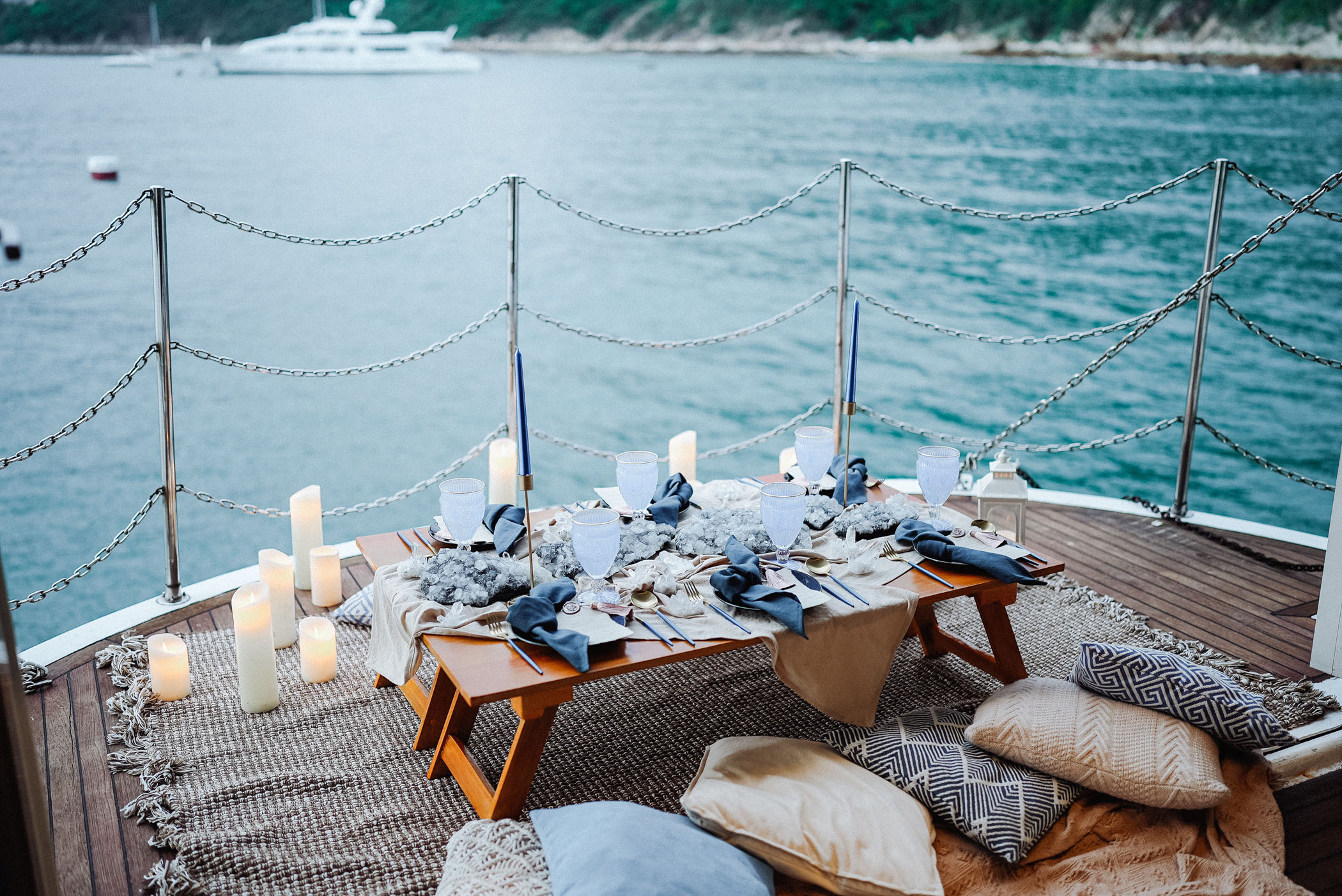 Yacht wedding picnic setup