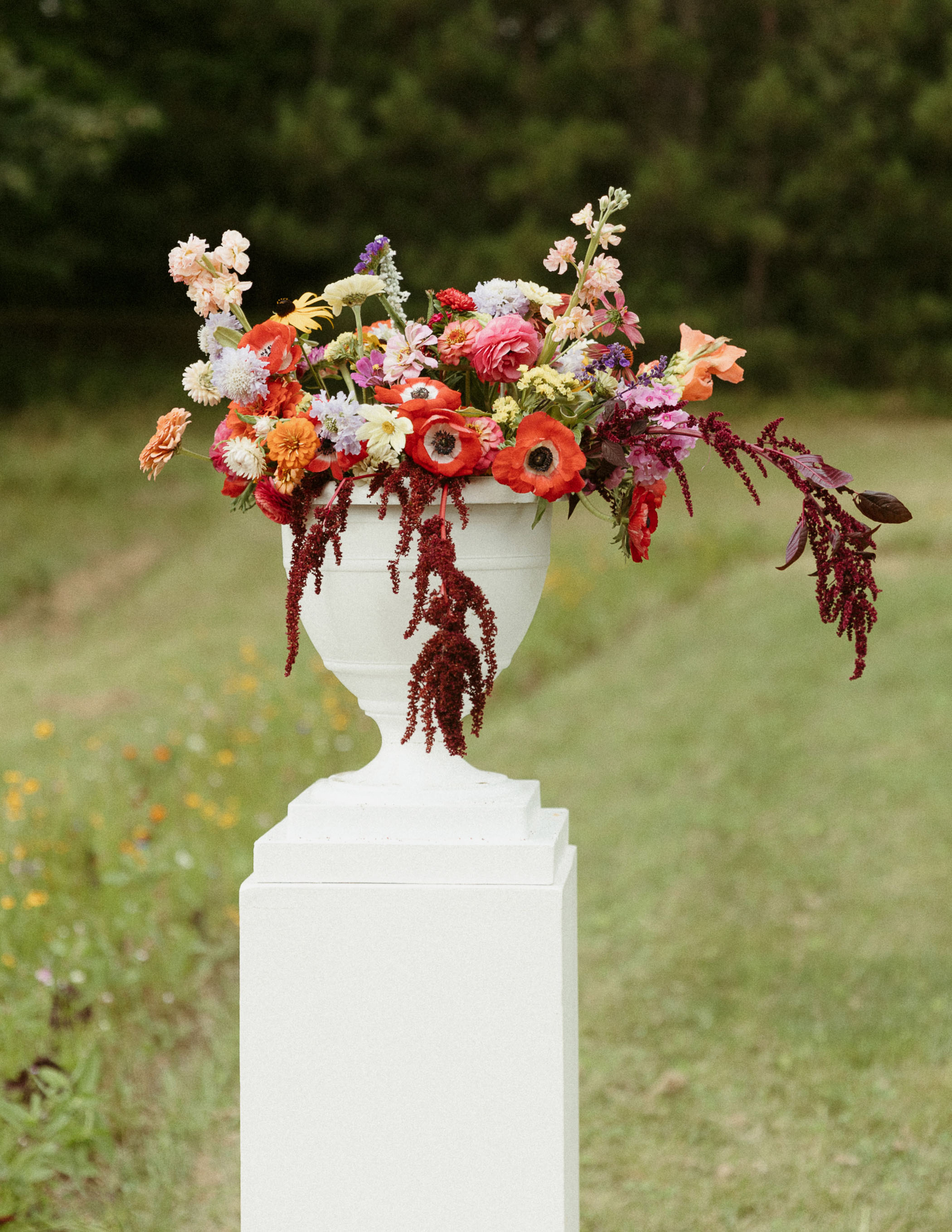Colorful outdoor wedding flower arrangement