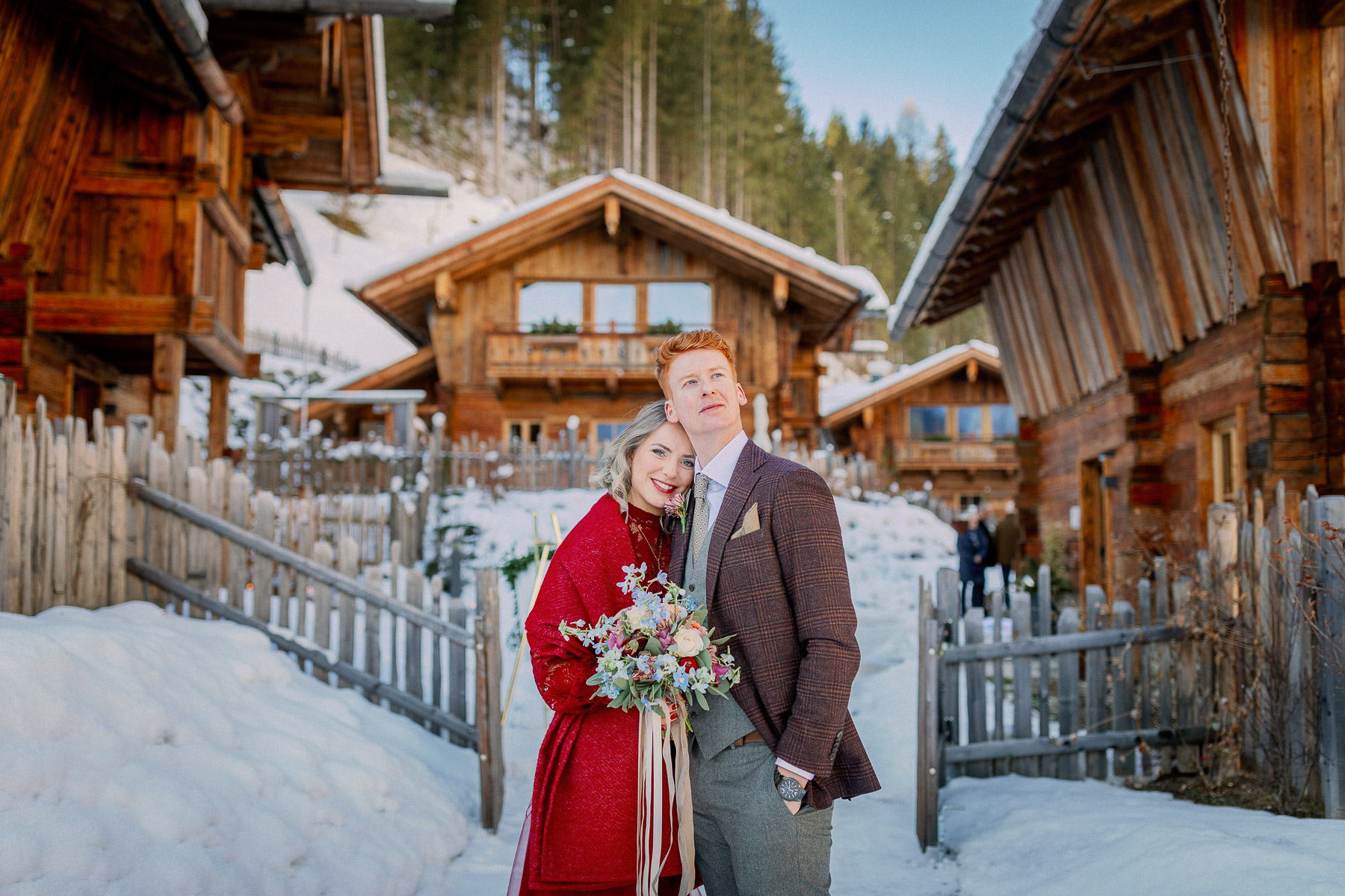Red Wedding Dress Austrian Alps Winter Wedding