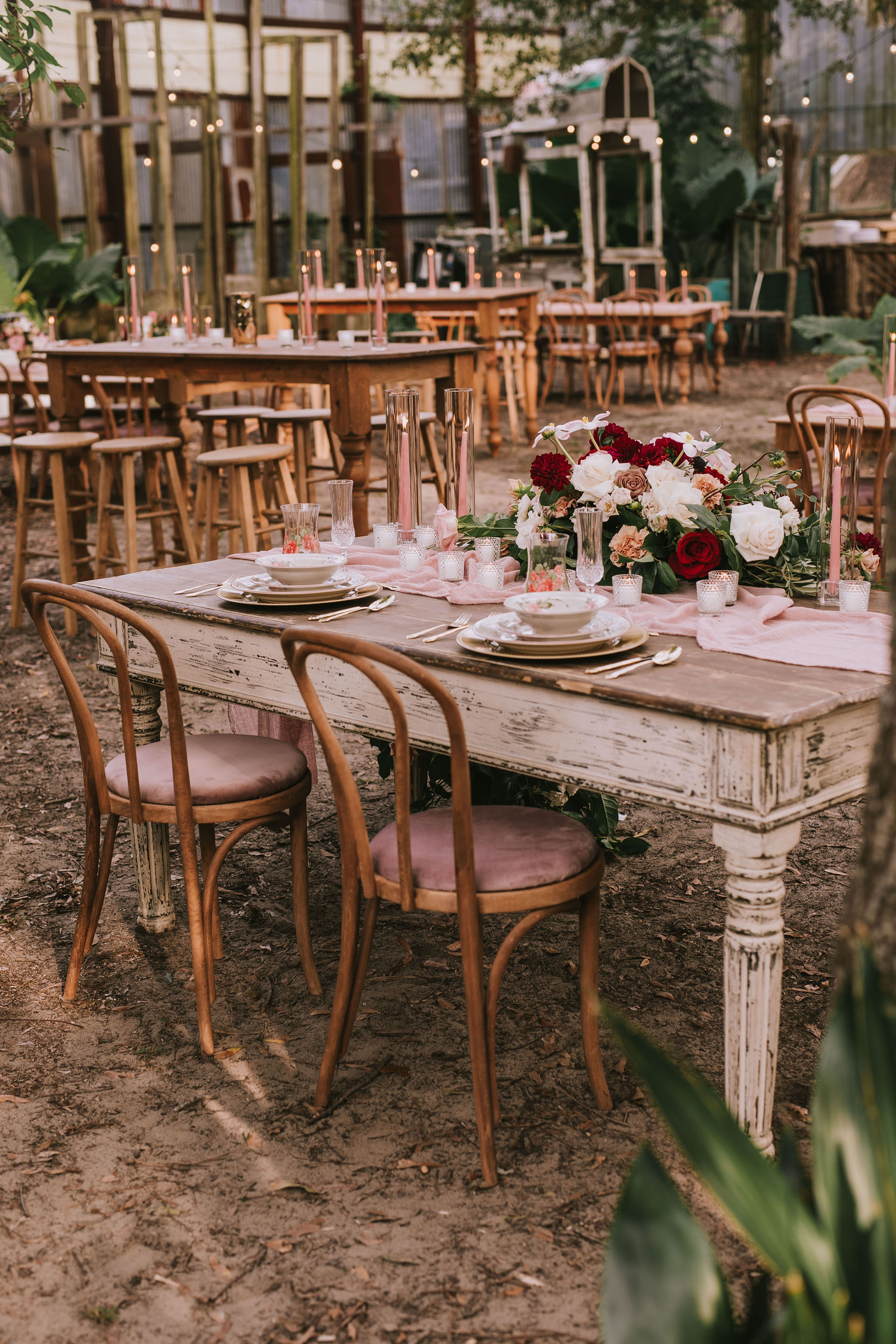 Wooden wedding reception tables 