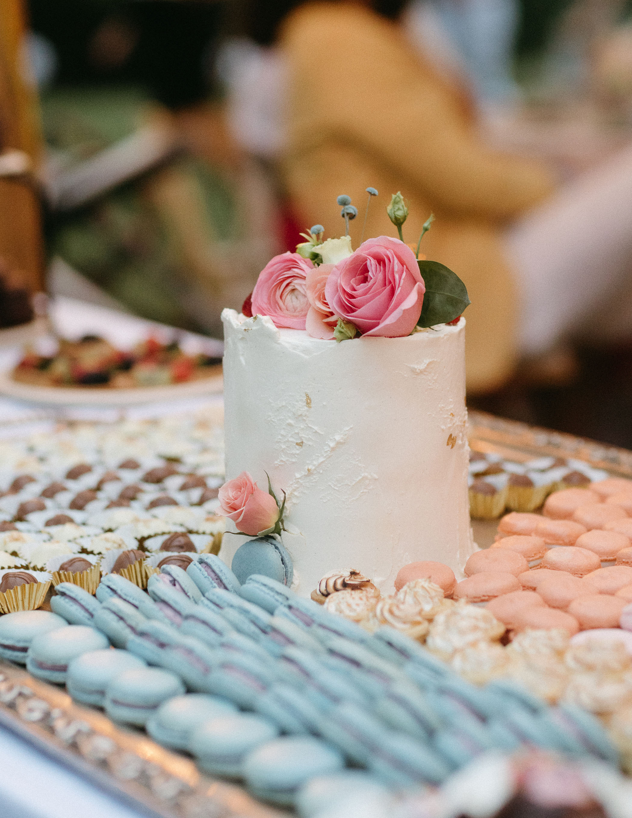 Wedding cake and macaron table