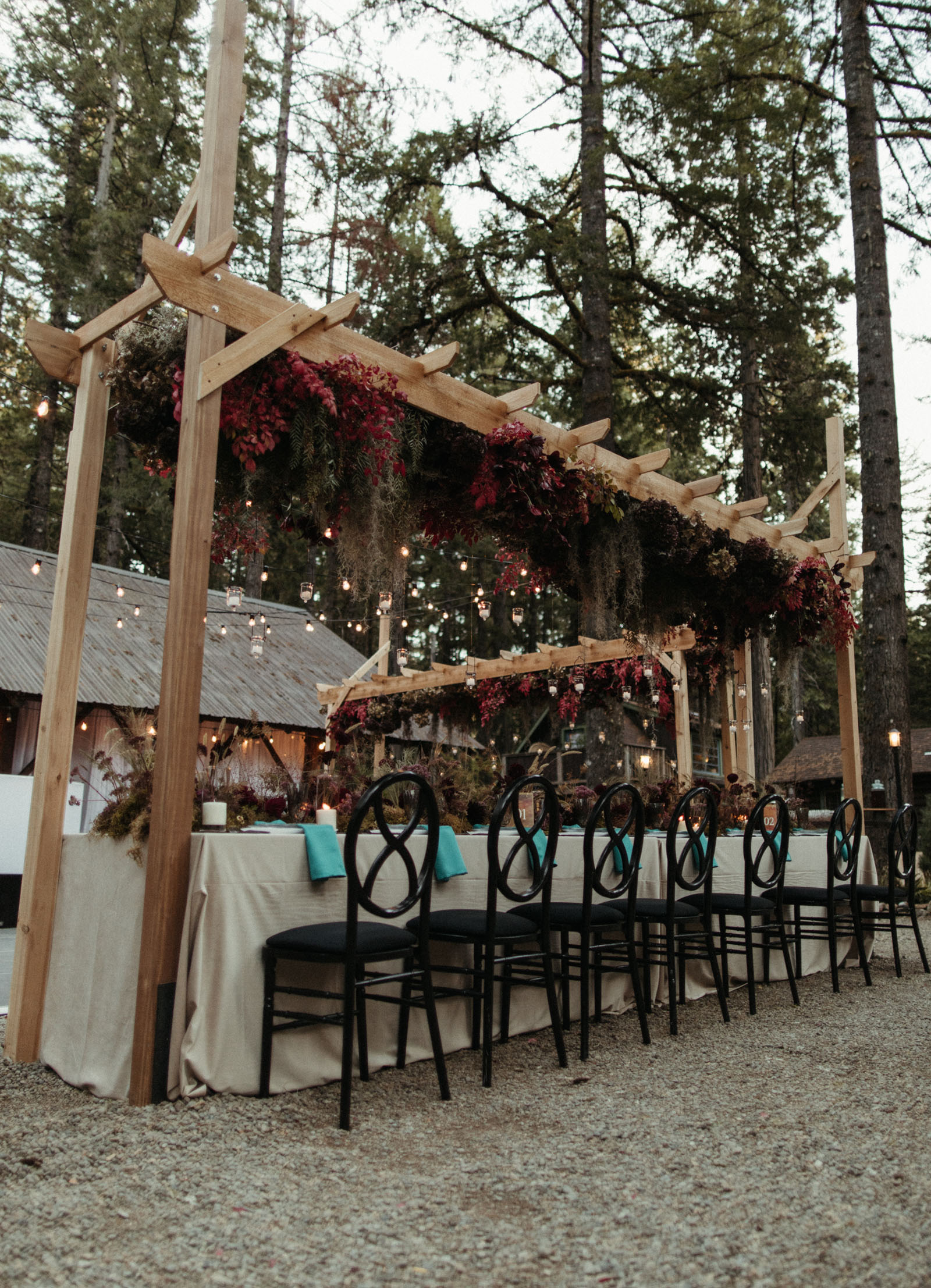Blue and red forest wedding reception