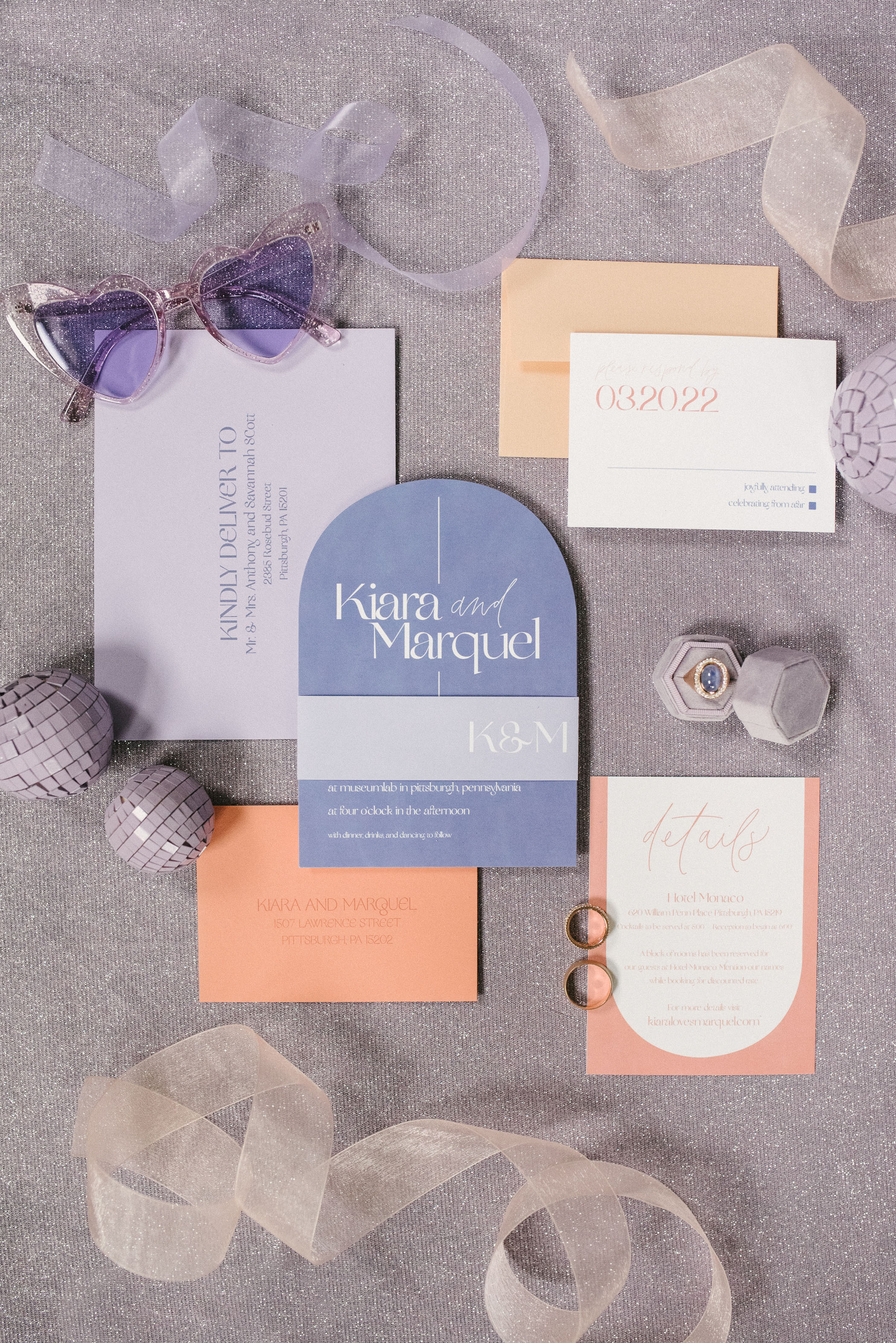 modern 60s purple wedding invitation suite