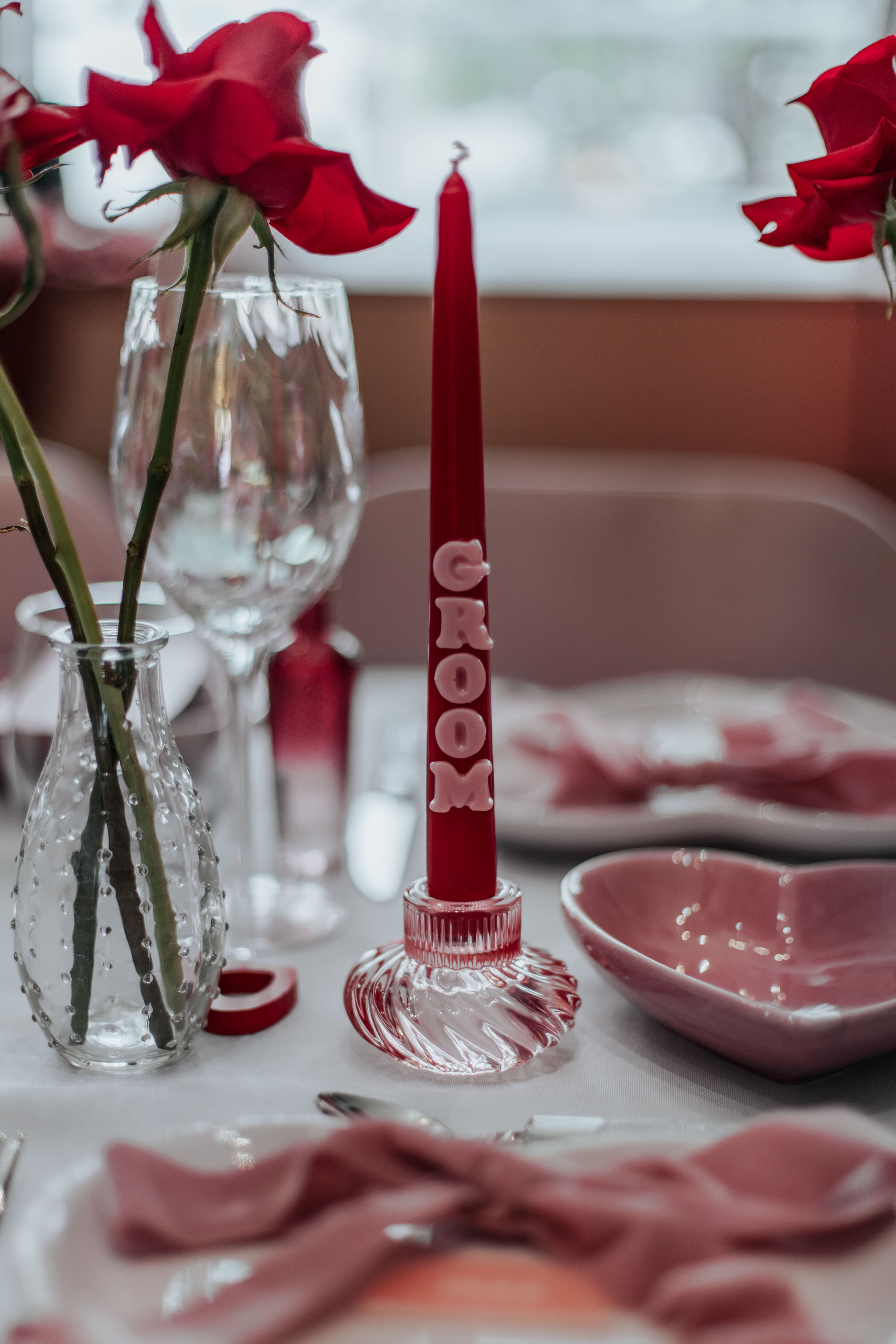 "Groom" red and pink candle