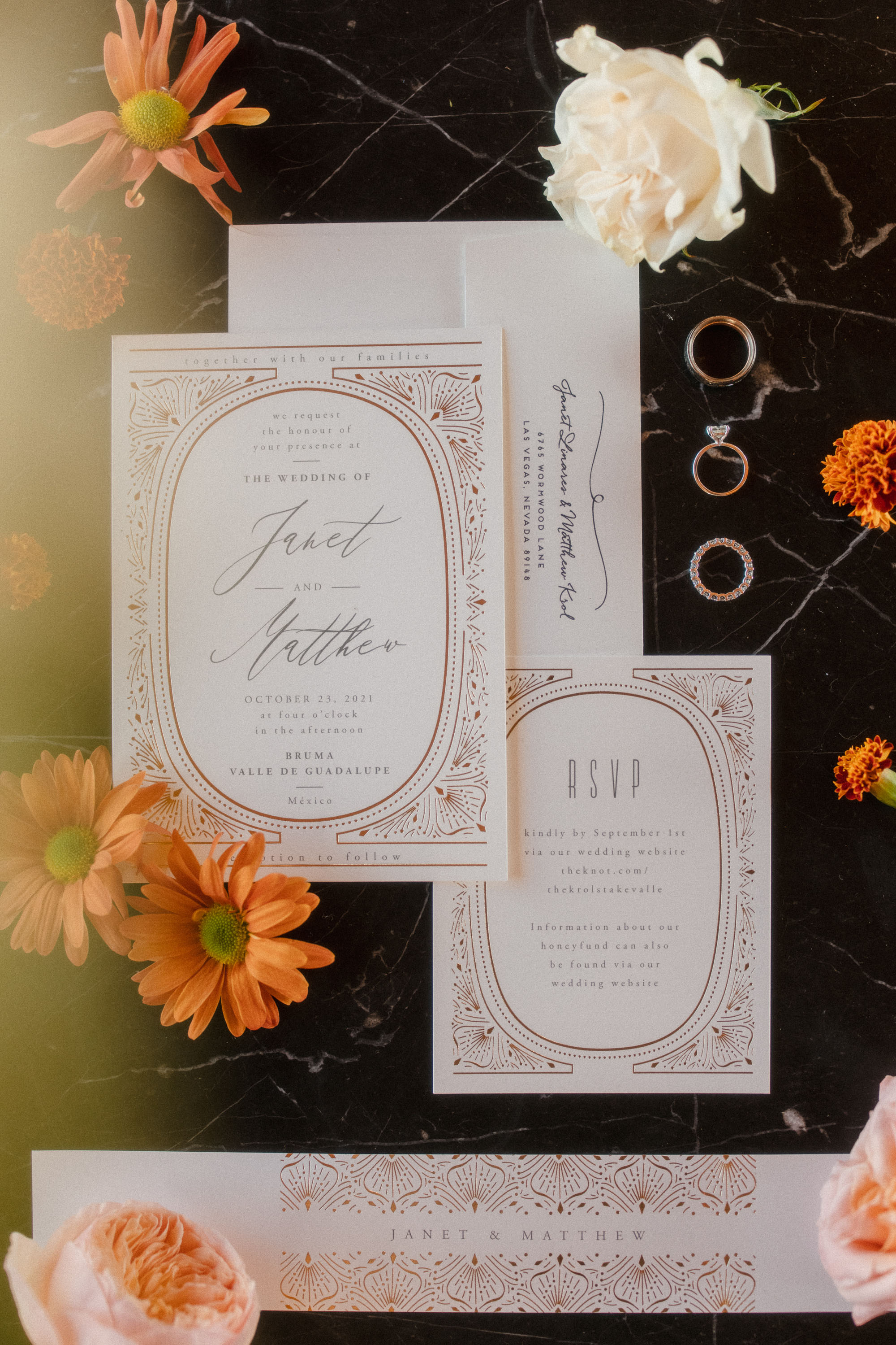 orange and white wedding invitation suite