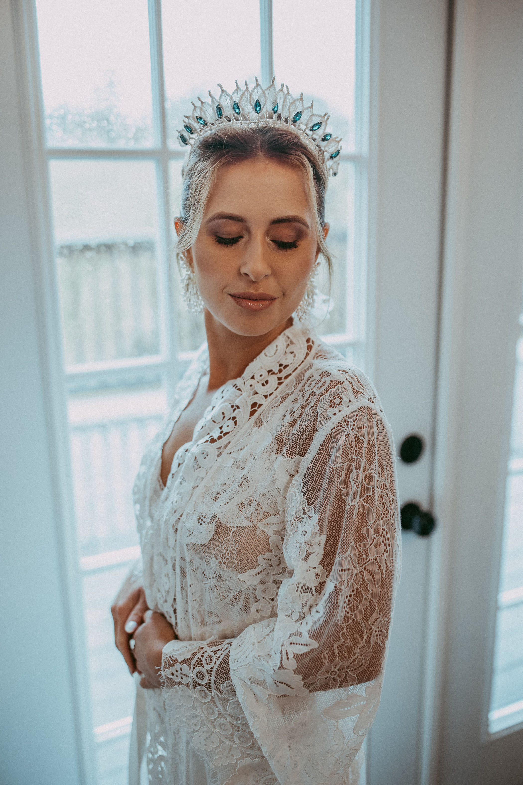 bridal crown and lace robe