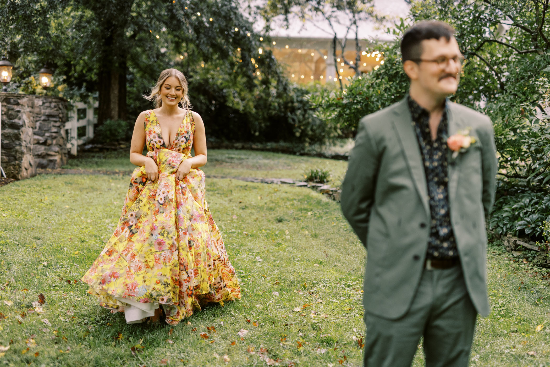 Yellow floral wedding dress first look