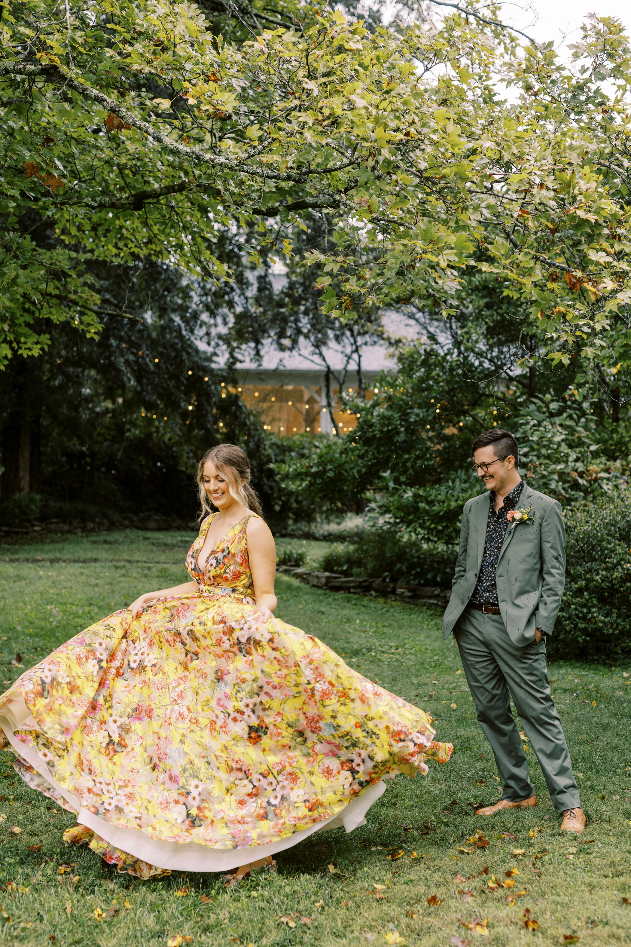 Yellow floral wedding dress first look