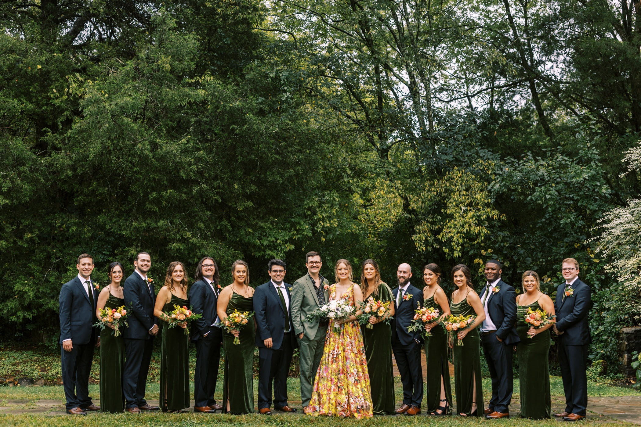 Yellow wedding dress and green bridal party