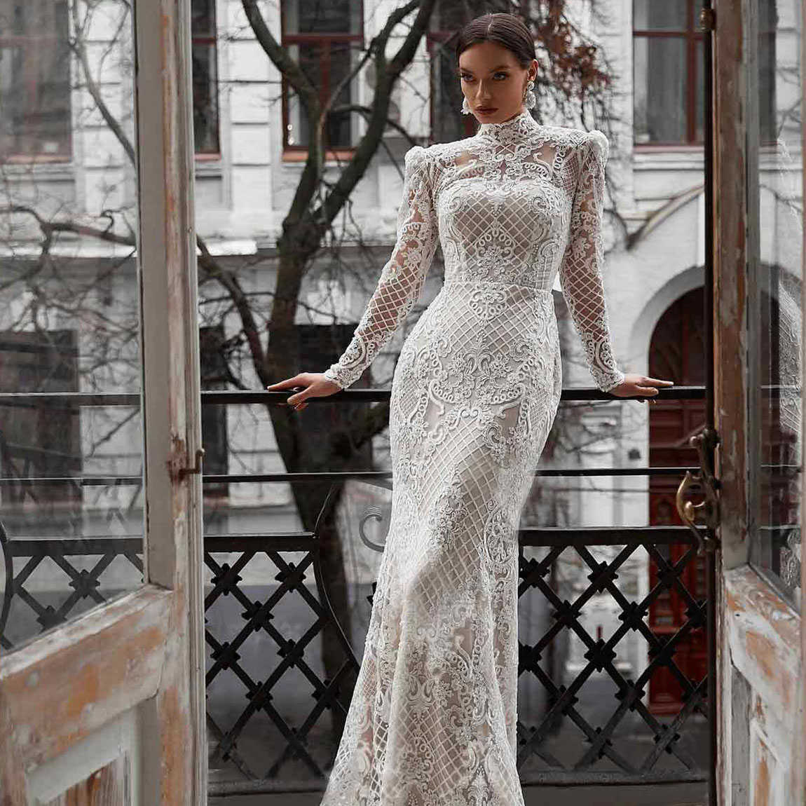 Crepe Long Sleeve Wedding Dress with Beaded Illusion Back - Paris Connection