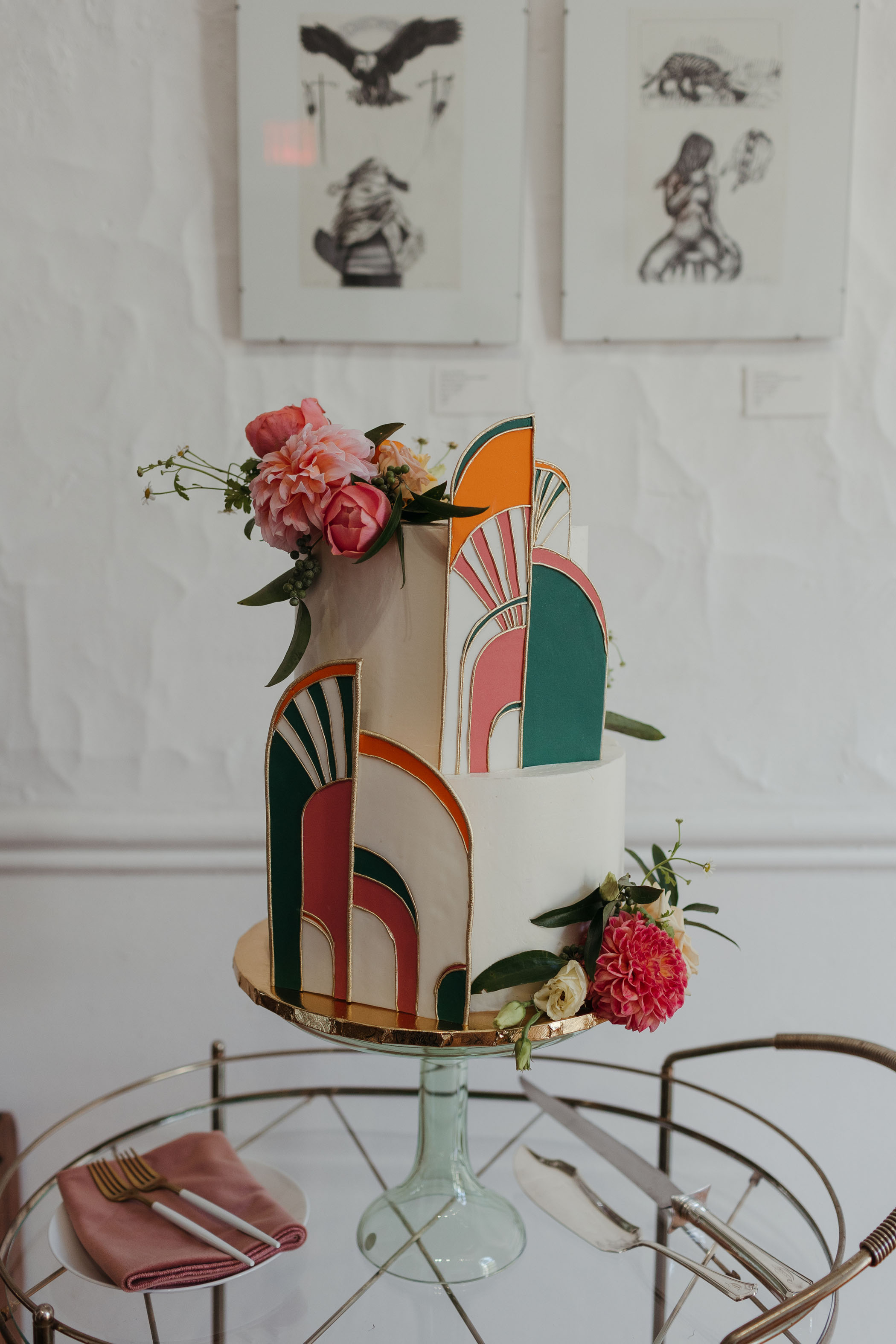 Intimate Celestial Art Deco Wedding Downtown Detroit Cake