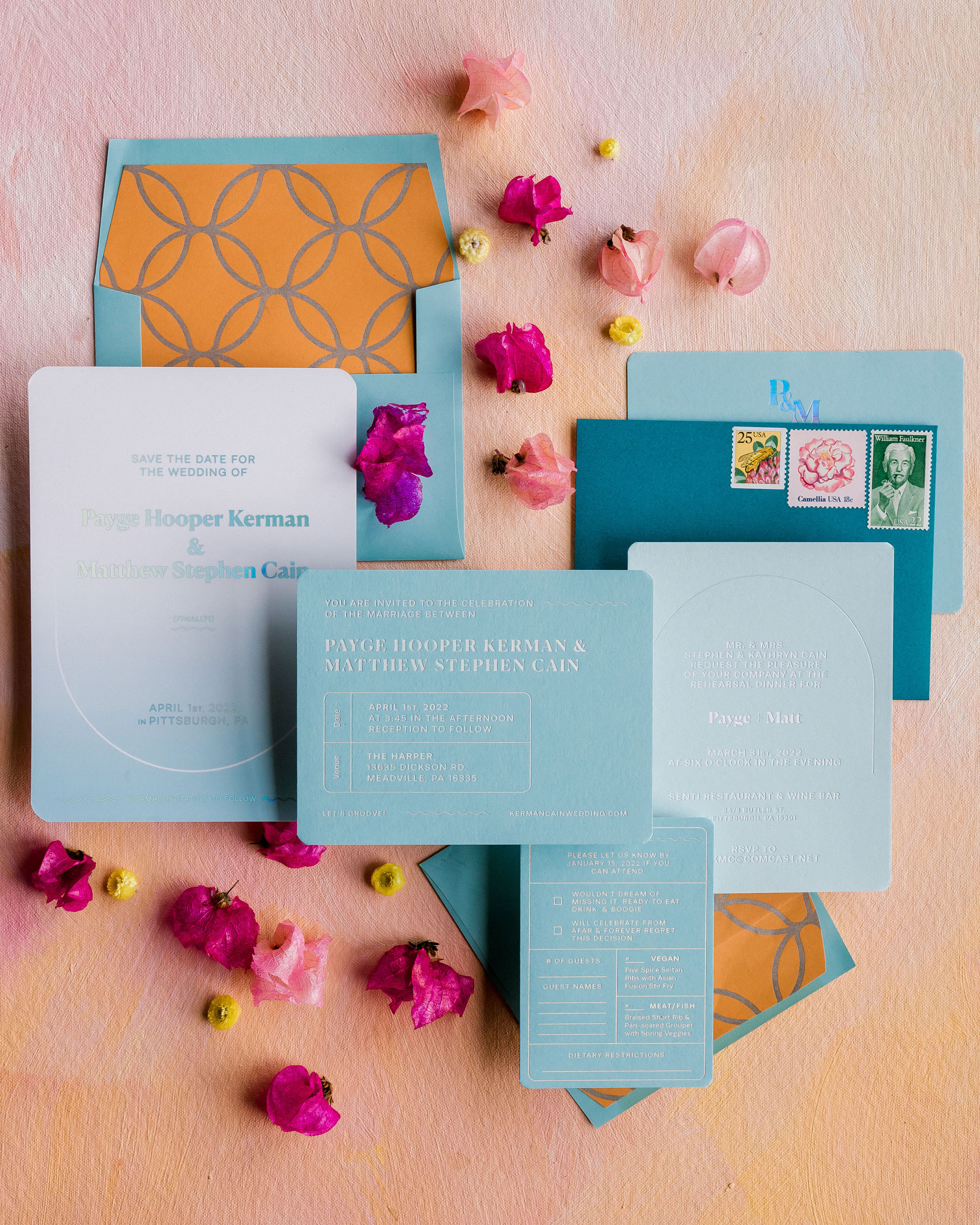 Colorful colorblocked invitation suite
