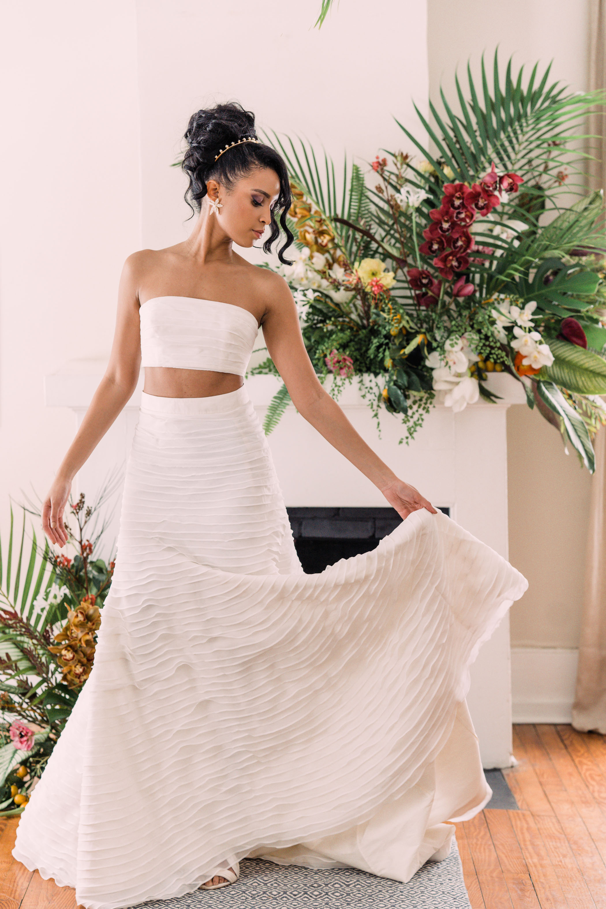 Indoor Tropical Conservatory Microwedding BHLDN Dress Two Piece