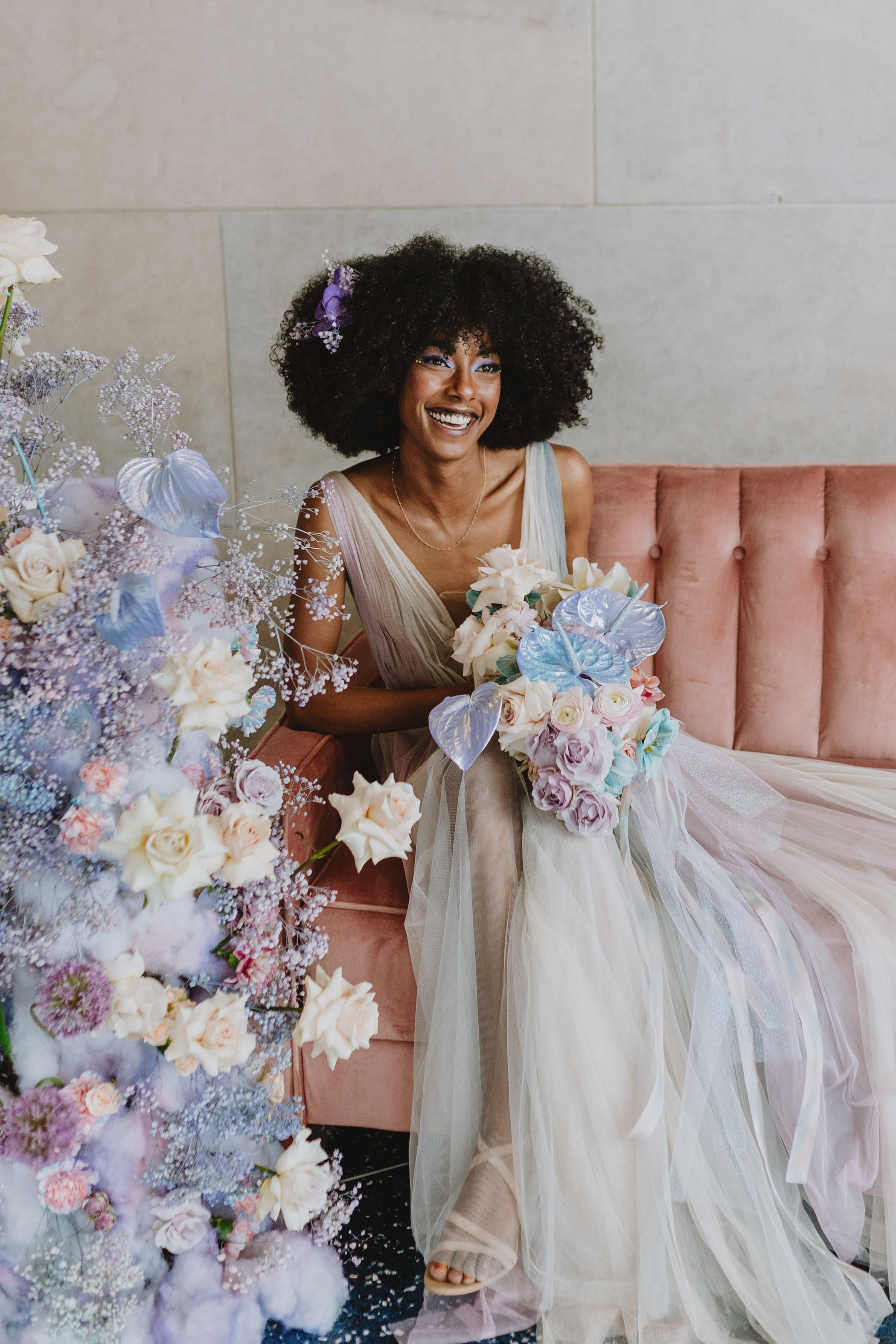 Dreamy Iridescent Colorful Wedding in Denver, Colorado Pink Couch