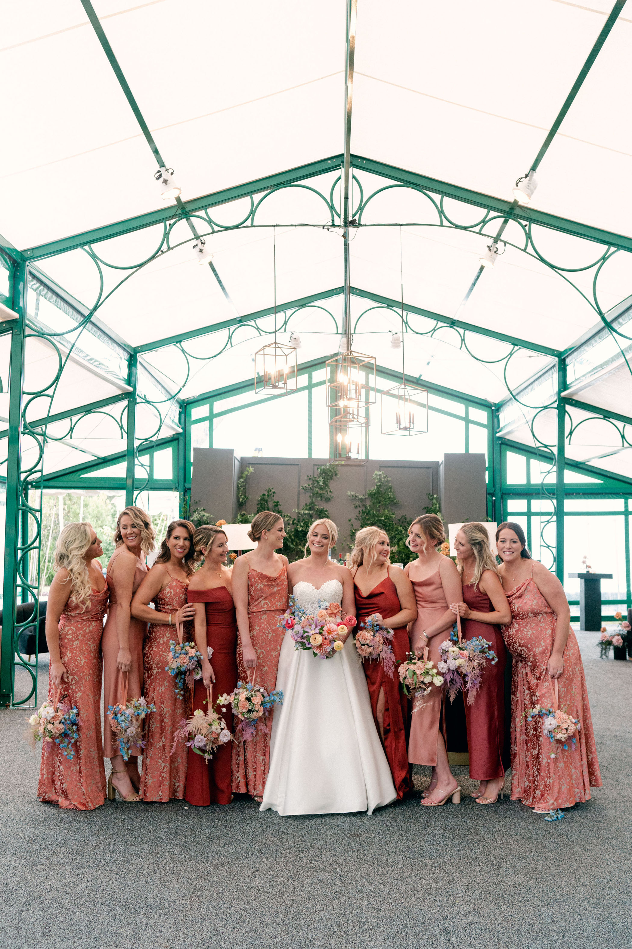 Colorful modern art backyard wedding bridesmaids