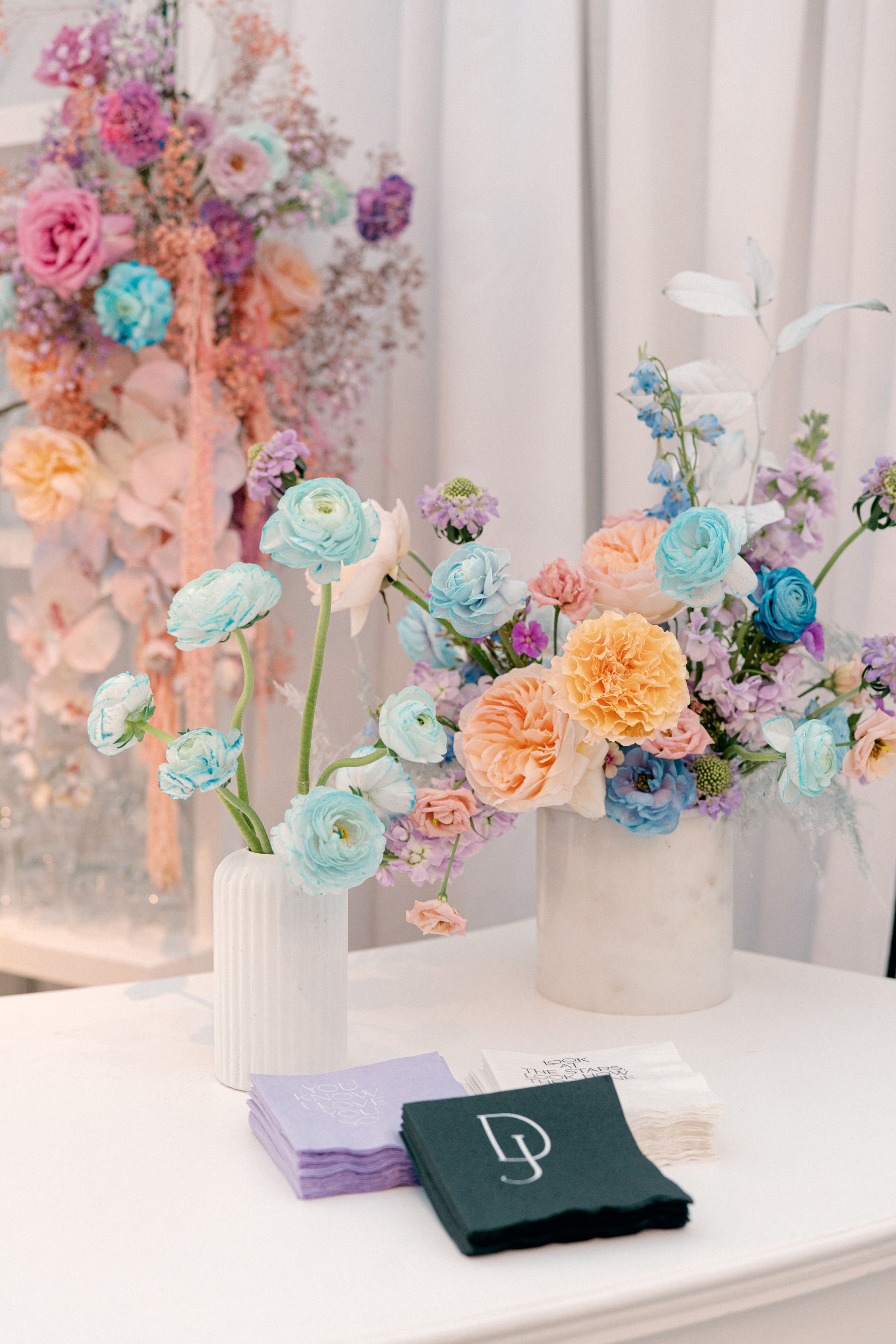 Colorful blue and pink wedding florals