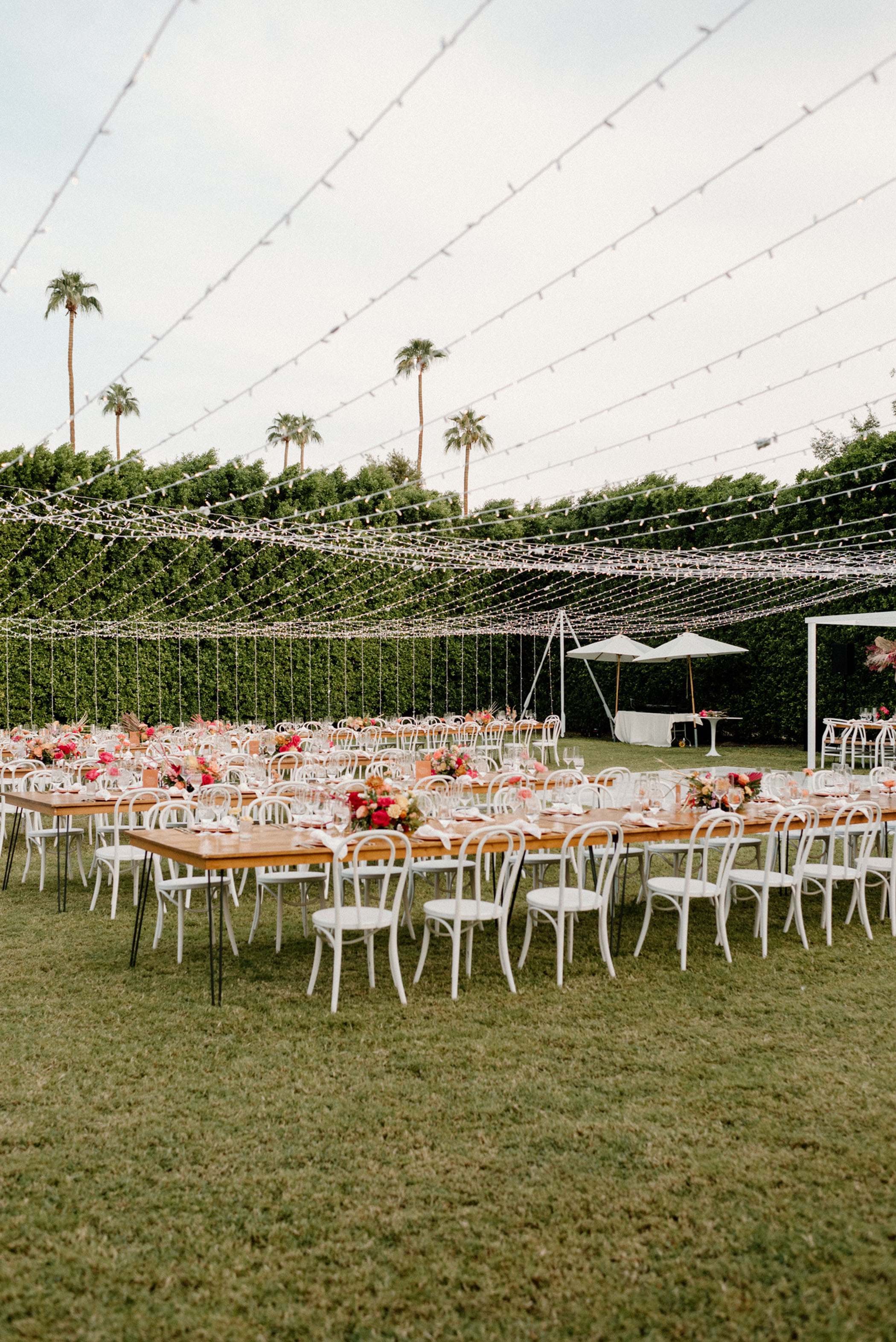 Colorful and Vibrant Palm Springs Wedding Reception Decor Lights Tent