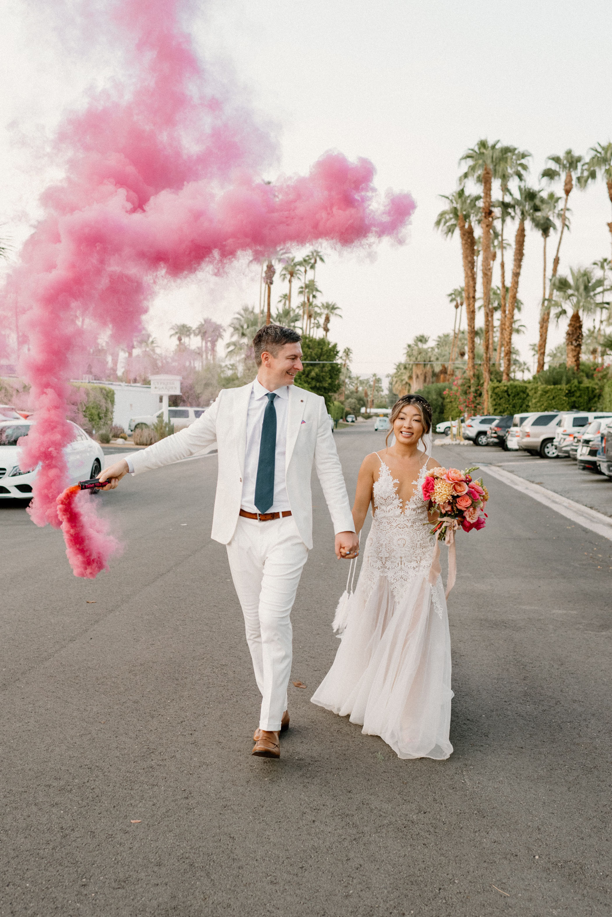 Colorful and Vibrant Palm Springs Wedding Smoke Bomn