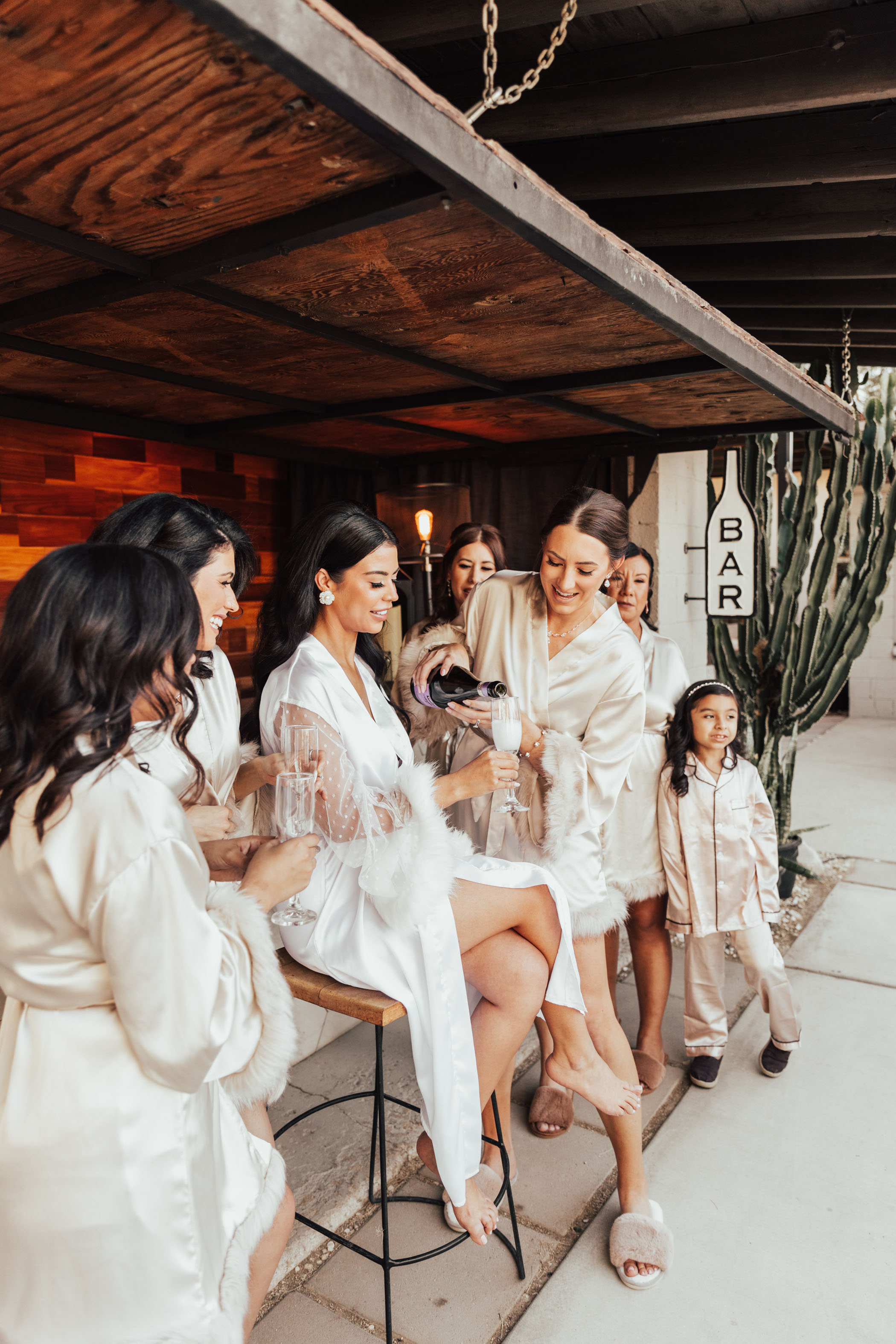 Glam Pink and Red Palm Springs Wedding Bridesmaids Champagne