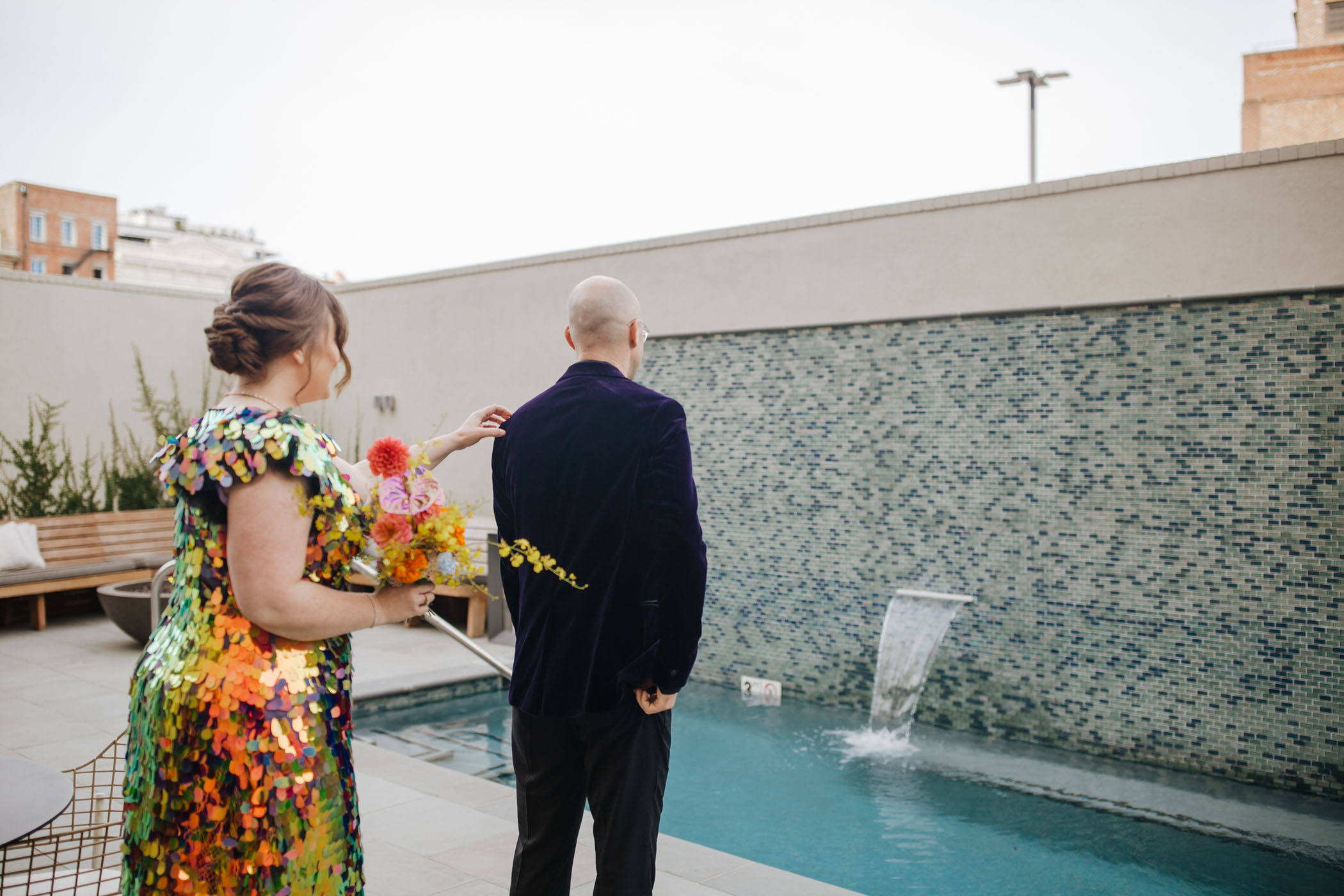 New Orleans Rainbow Sequin Dive Bar Wedding First Look
