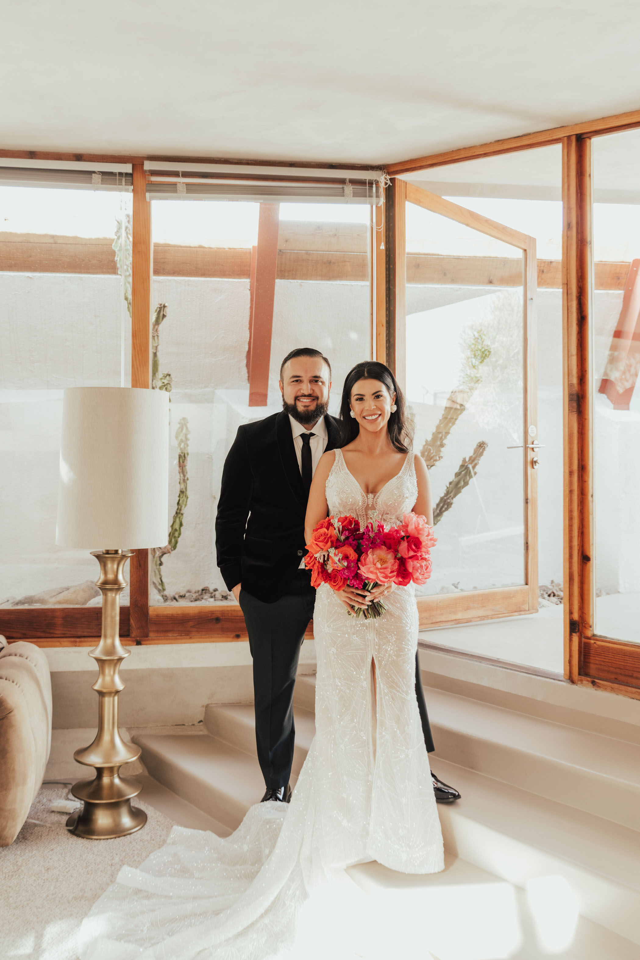 Glam Pink and Red Palm Springs Wedding First Look