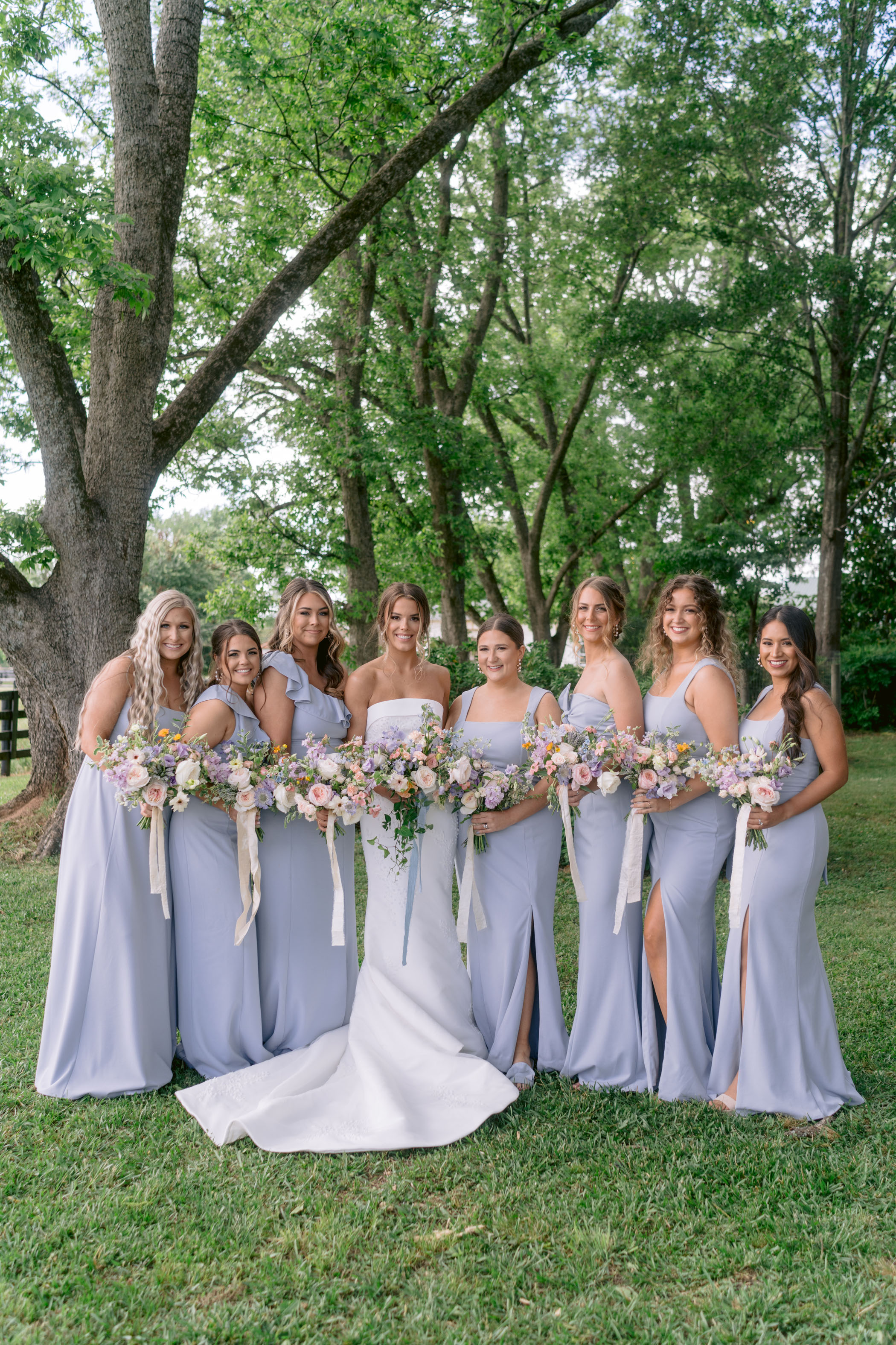 Casual Chic Wedding at Restored Flower Farm Bridesmaids Blue Dresses