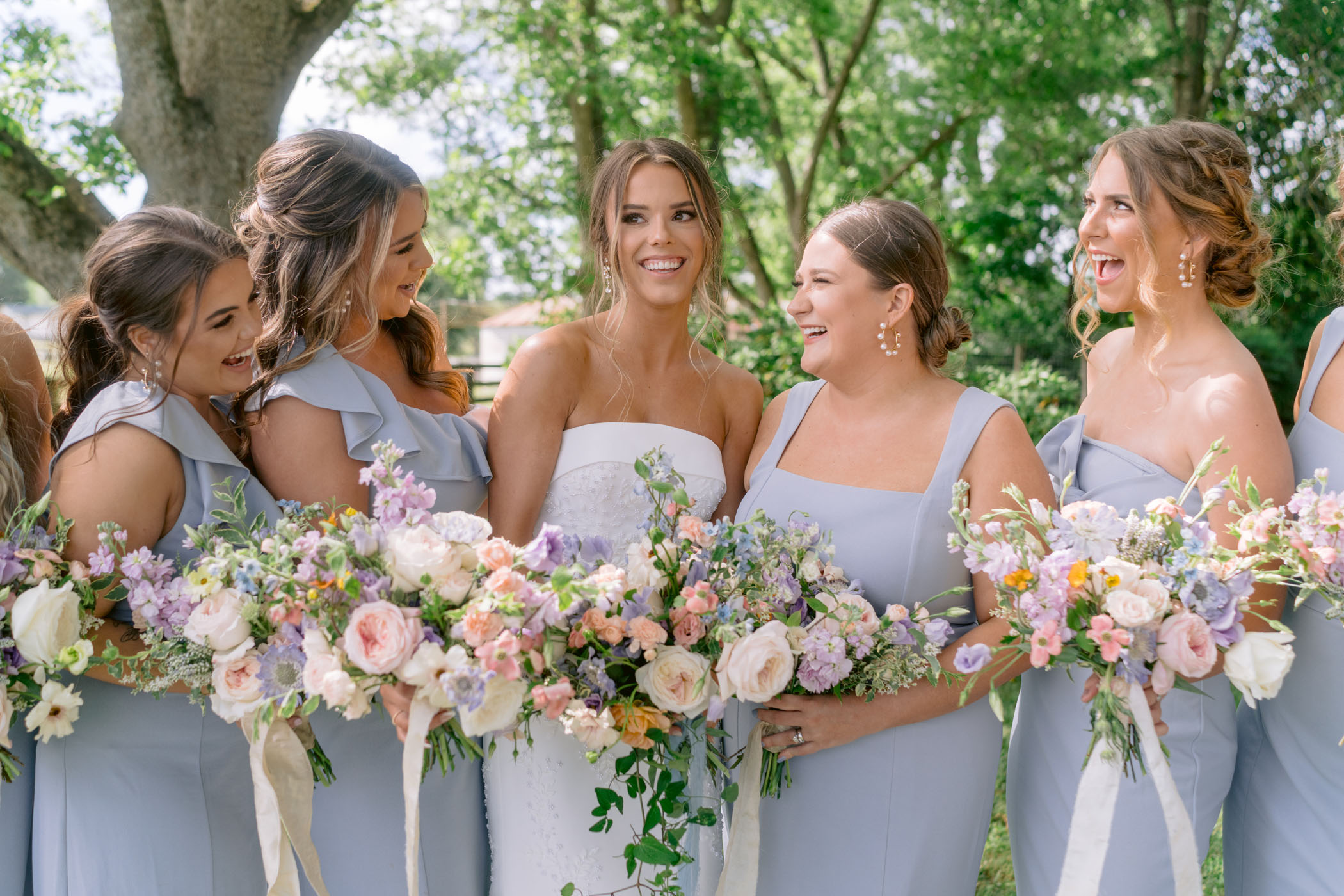 Casual Chic Wedding at Restored Flower Farm Blue Bridesmaids