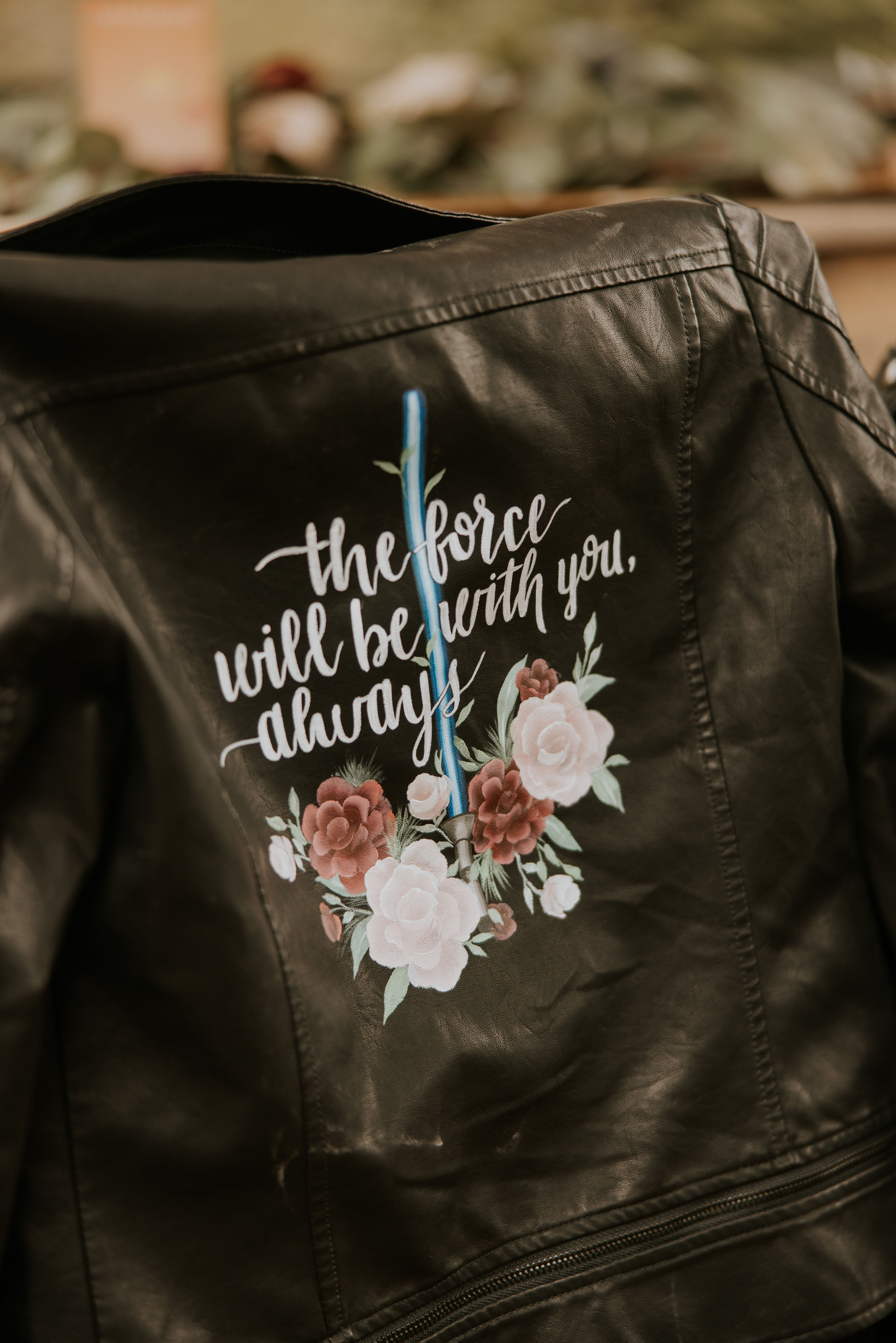 Romantic Star Wars Wedding in Evergreen Colorado Leather Jacket