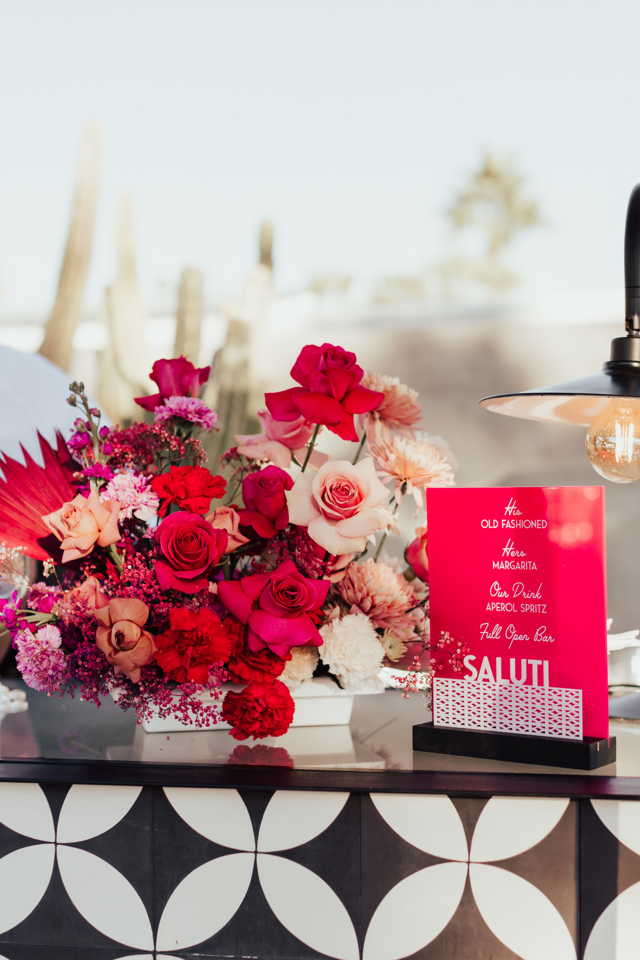 Glam Pink and Red Palm Springs Wedding Reception Bar