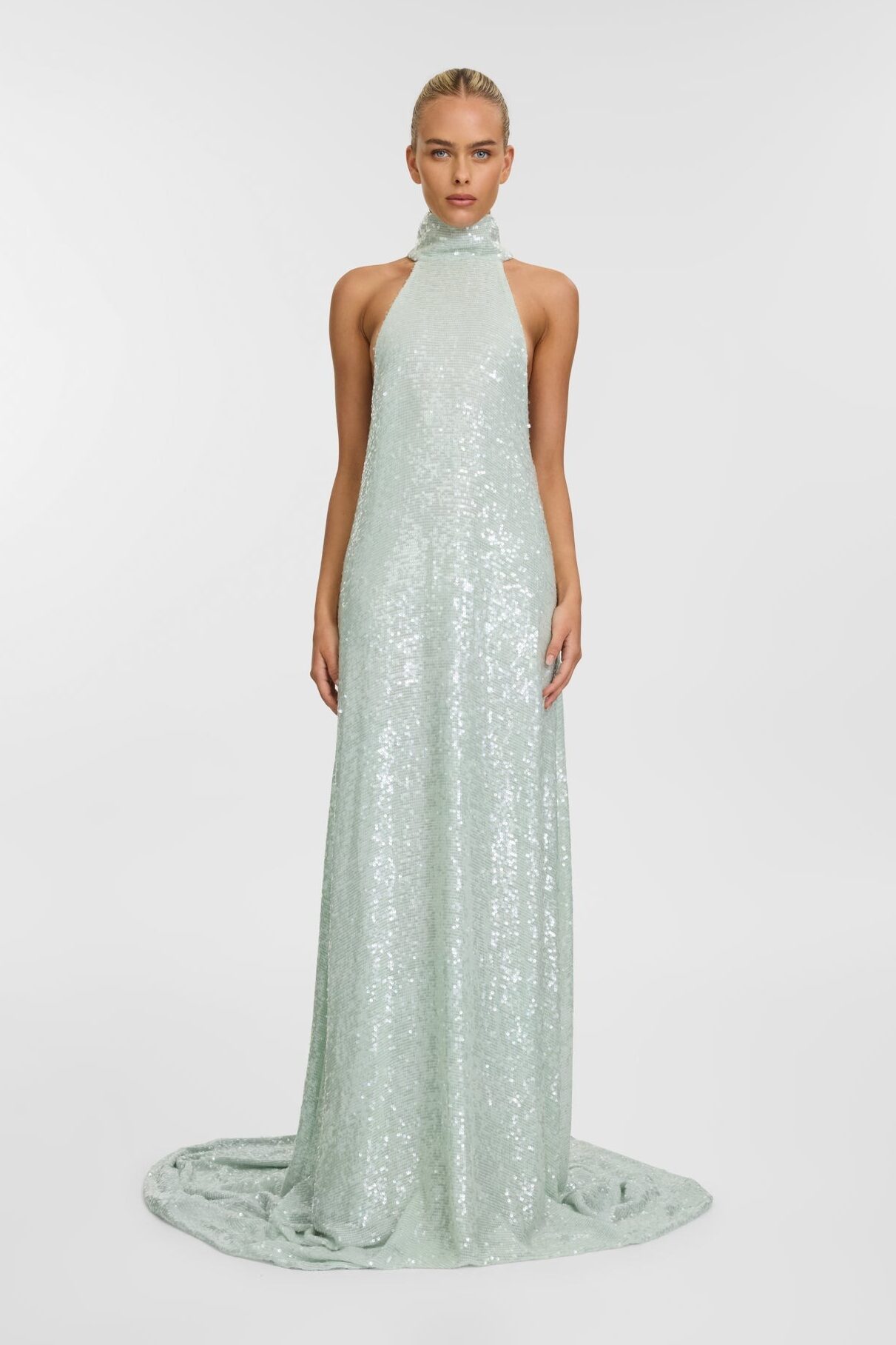 mint green halter gown from the KYHA Studios 2025 New York Bridal Fashion Week collection