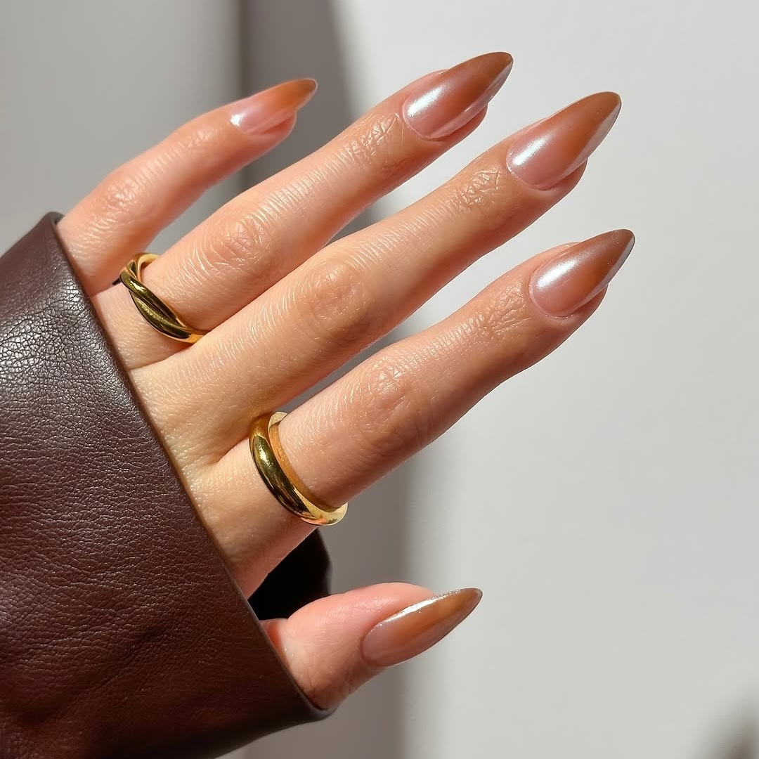 Soft Champagne Brown Nails That Shine