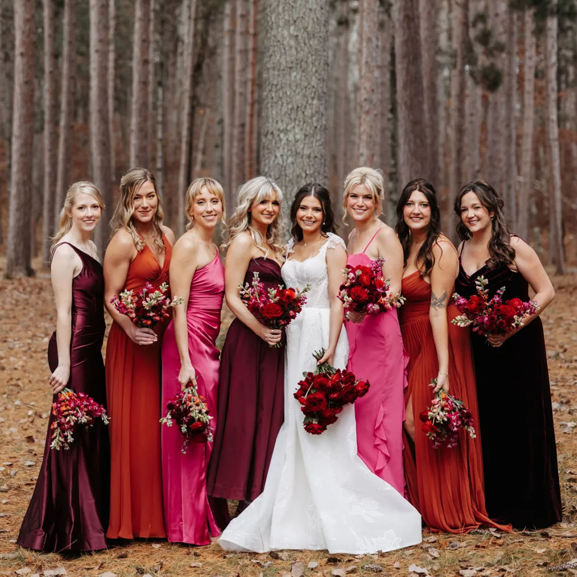 bridesmaids in red and pink