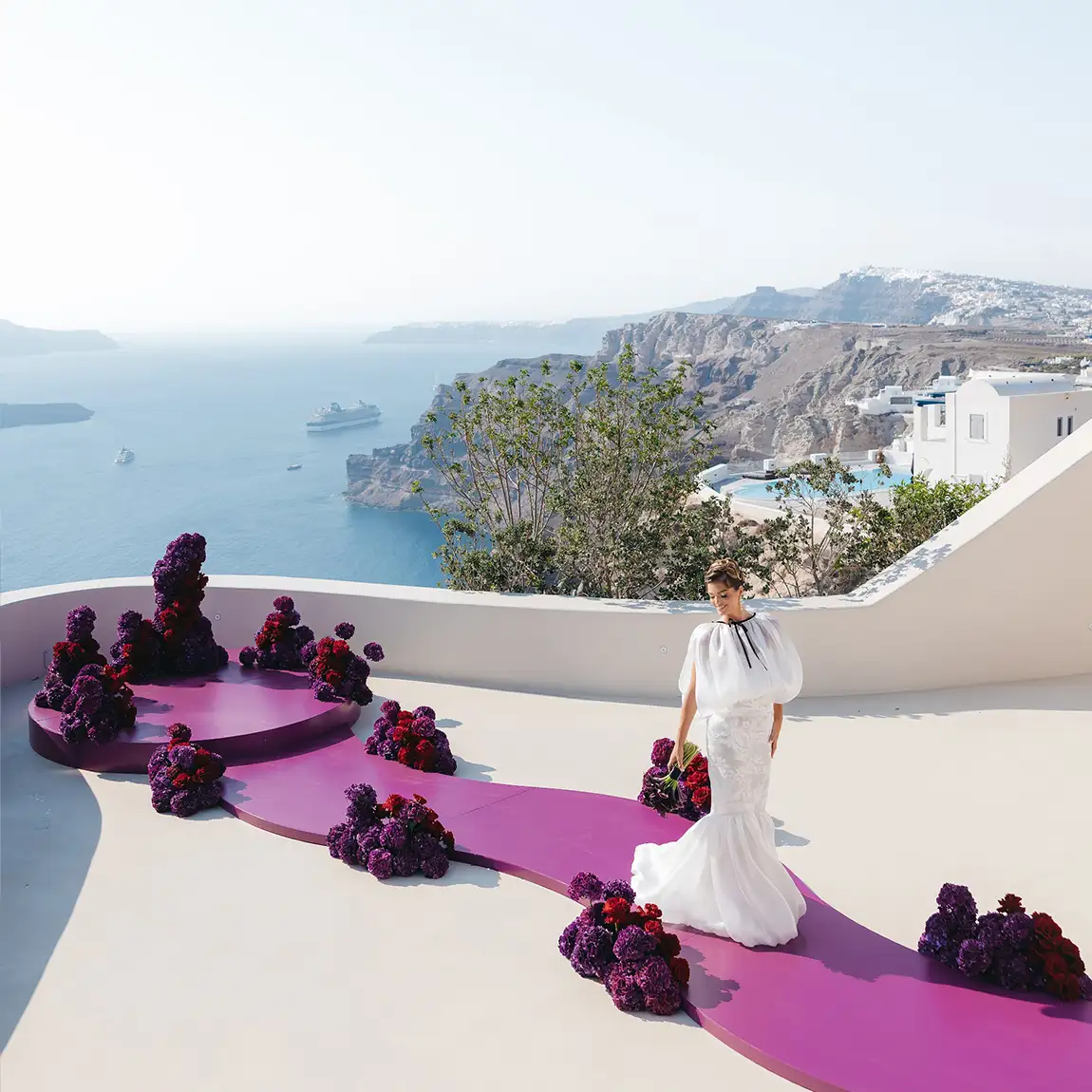 bold magenta aisle bride greece