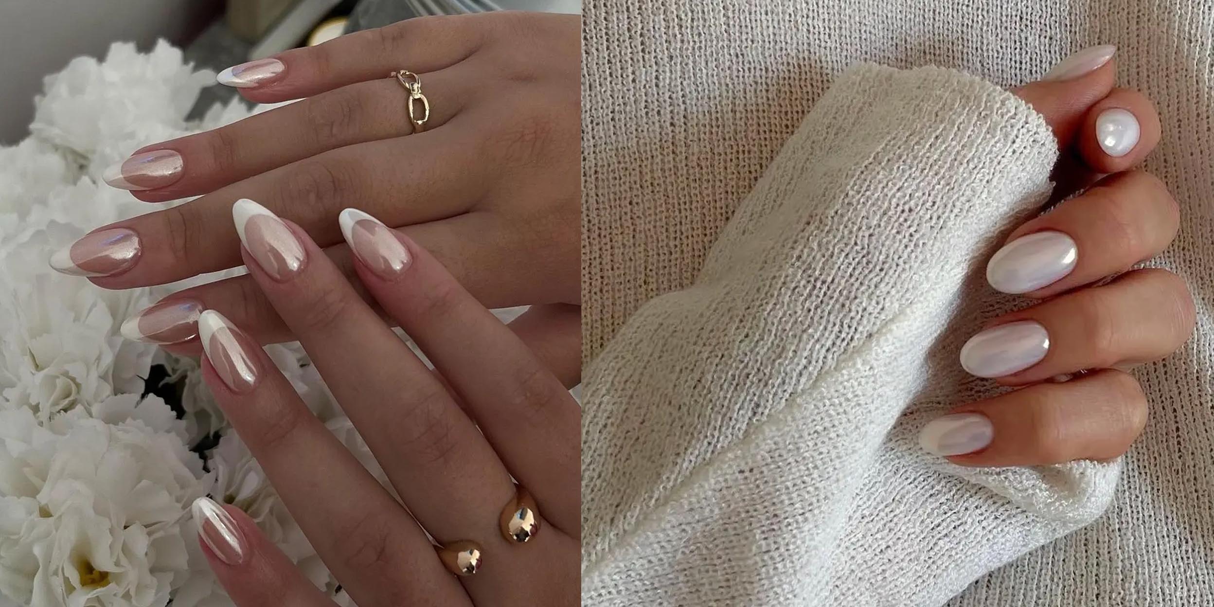 glazed white french tip bridal nails for wedding day