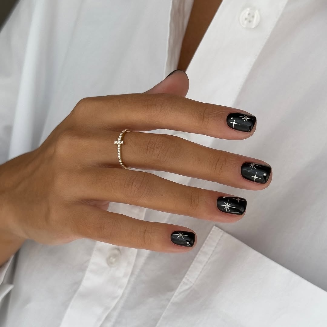 short black nail designs with silver celestial nail art