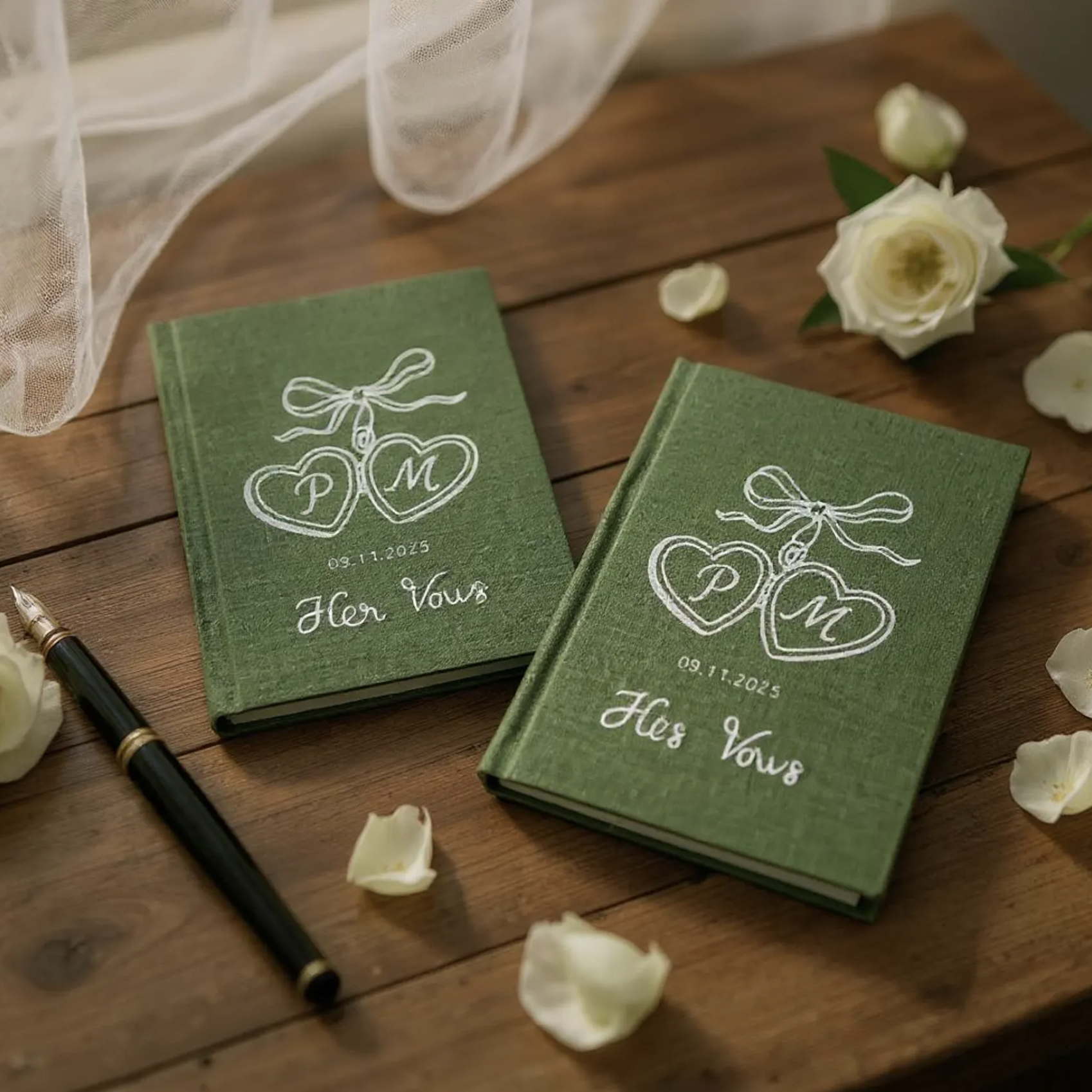 personalized embroidered wedding vow books with cute heart locket designs