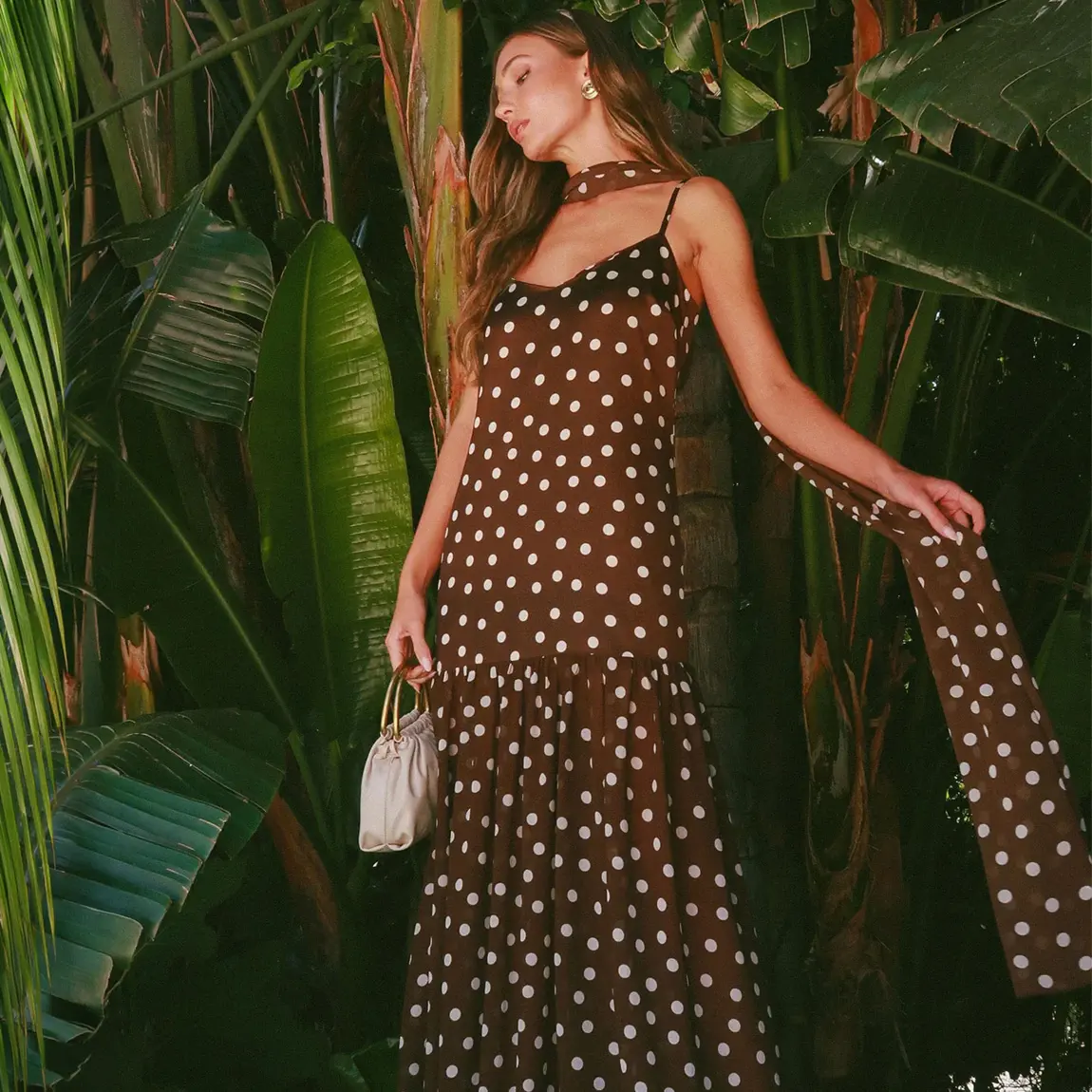 fall wedding guest dress brown maxi polka dot
